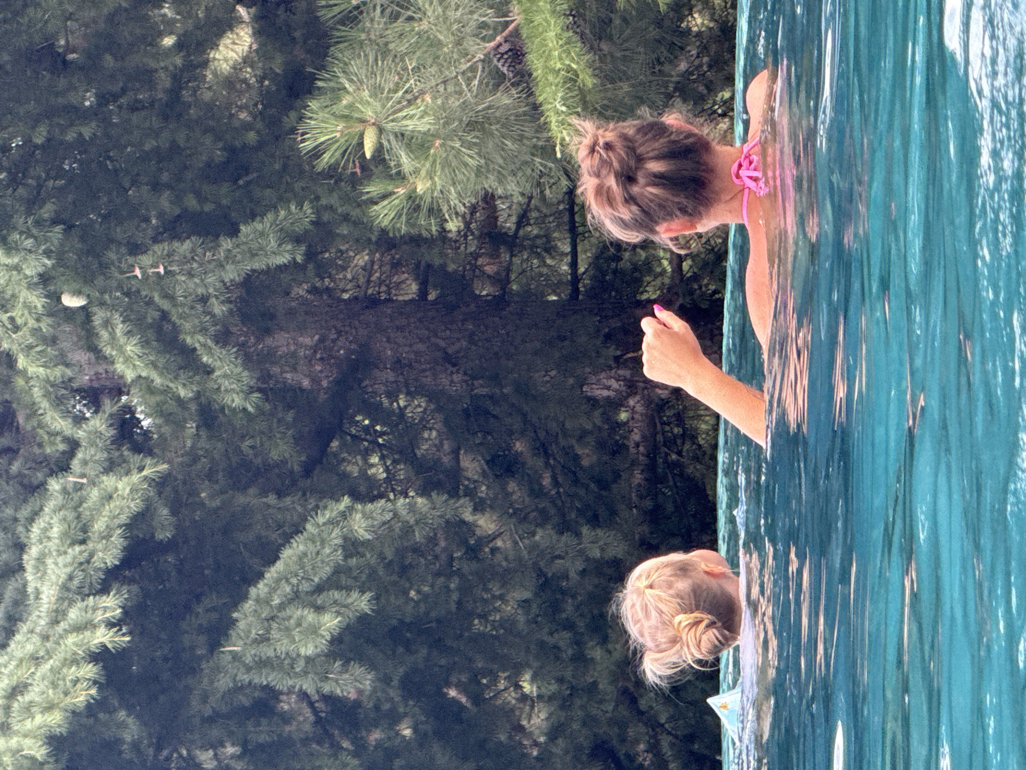 In this image, two individuals are partially submerged in a bright turquoise swimming pool, with their backs to the camera. The person on the left, appearing to be a child, has blonde hair pulled into a bun, and a light blue object with a fin-like protrusion is visible near them. The person on the right, presumably an adult, has brown hair styled in a bun and is wearing a pink bikini top. Their right arm is extended, with a hand raised and painted fingernails. The background is dominated by lush green pine trees, creating a naturalistic setting. The lighting suggests it is daytime, possibly overcast, with soft reflections on the water's surface. The composition places the viewer at eye level with the water. There is no visible indication of the city of Yalta or Ukraine.