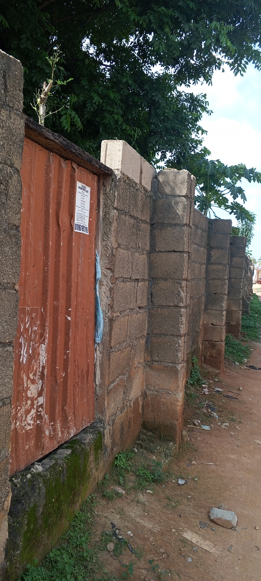 This image depicts an outdoor scene in Jalingo, Nigeria. The primary subjects are a rusted corrugated metal door and a cinder block wall. The door, painted a faded orange, shows signs of wear and tear, with peeling paint and some white scuff marks. A small, tattered blue cloth is attached to the door near its edge. The wall is constructed from rough, grey cinder blocks and runs along the right side of the frame, receding into the distance. The wall has several protruding posts, some of which appear damaged or incomplete.
At the top of the image, lush green foliage from trees overhangs the wall and door, suggesting a warm, possibly tropical climate. The sky peeking through the leaves is a pale blue, indicating daytime. The ground in front of the wall is a mix of dirt, small stones, and scattered debris, including a few pieces of litter. Patches of green grass and moss grow around the base of the wall and the bottom of the door, especially on the left side.
A piece of paper is affixed to the metal door. Visible text on the paper includes the words "BUSINESS EMPOWERMENT AGENT" and a phone number: "0706187118".
The overall impression is one of a functional but somewhat neglected outdoor area, likely in a residential or commercial setting in Nigeria. The lighting suggests it is daytime, with no strong shadows indicating a specific time of day. The weather appears to be clear.