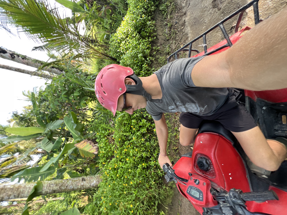 A young adult male is depicted from a first-person perspective, seated on a red all-terrain vehicle (ATV) on a dirt path in Taman, Indonesia. The male, positioned on the right side of the ATV's black seat, is wearing a pink protective helmet with a chin strap, dark sunglasses, a grey t-shirt with an indistinguishable graphic, and black shorts. His right arm is extended towards the handlebars, which he is grasping, and his left arm is not fully visible, but his hand is also on the handlebars. The ATV is predominantly red with black accents, featuring a dashboard display, a visible fuel cap, and a black metal cargo rack at the rear. The surrounding environment is a lush tropical landscape with dense green foliage, including tall palm trees, banana plants, and ground cover with small yellow flowers. The ground beneath the ATV appears to be damp earth or mud, indicating an off-road trail. The scene is illuminated by natural daylight.