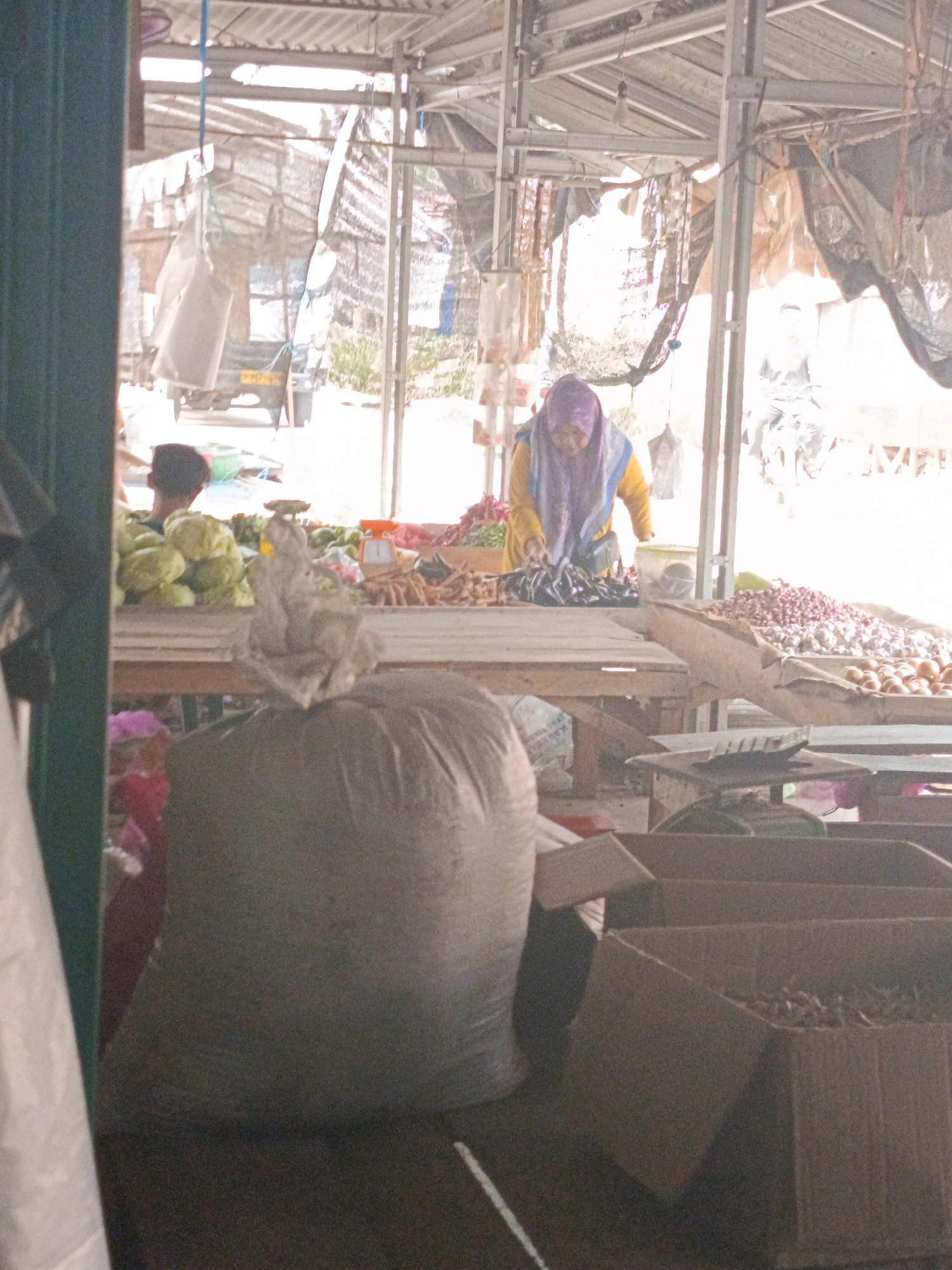This is a medium-shot, eye-level, natural-light, outdoor photograph taken at a market stall in Megang Sakti I, Indonesia. The scene depicts a lively market environment, possibly a fruit and vegetable market, with various produce displayed on wooden tables. In the background, a woman wearing a purple hijab and a yellow top is seen actively arranging produce at her stall. Several people are present, though their identities are not clearly discernible due to the distance and lighting conditions. The market is covered by a corrugated metal roof, supported by metal frames, with some tarpaulin coverings providing additional shade. Boxes and sacks are visible throughout the stalls, suggesting the sale of bulk goods. The overall impression is one of a bustling marketplace in Indonesia.