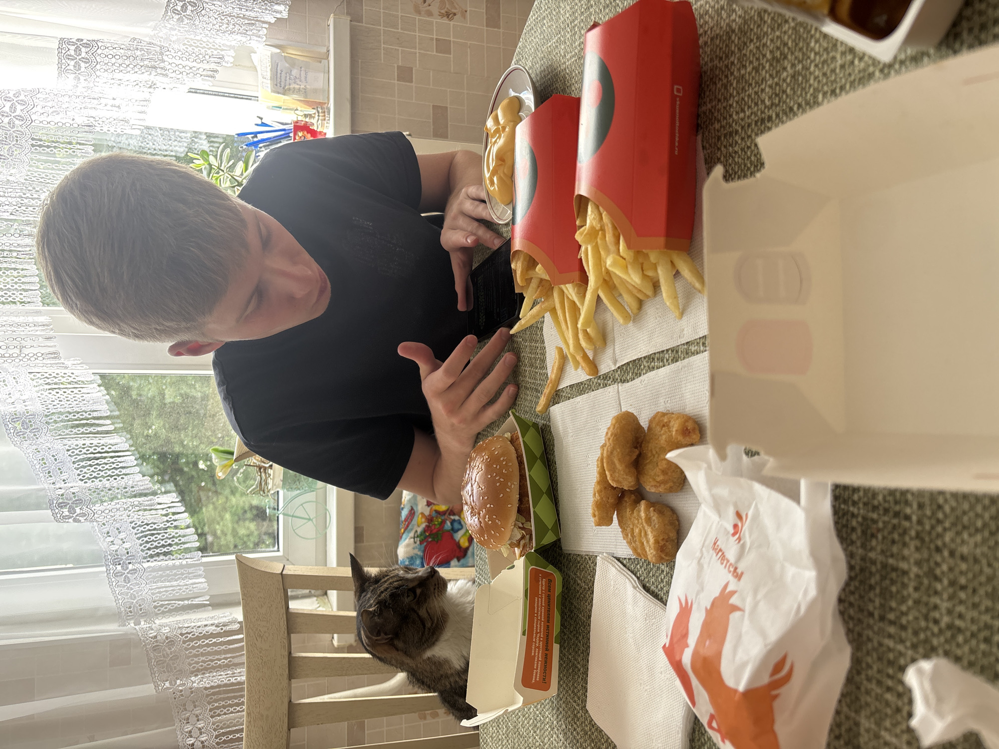 The image depicts a young male, appearing to be a teenager, seated at a table with fast food, including a burger, french fries, and chicken nuggets. He is looking down at a smartphone. A cat is positioned on the table to his left, looking towards the burger. The scene appears to be an indoor setting, likely a kitchen or dining area, with a window in the background that shows greenery outside. The table is covered with a textured tablecloth, and there are various disposable fast food containers and napkins present. A chair is visible to the left of the frame. The overall impression is of a casual meal setting.
