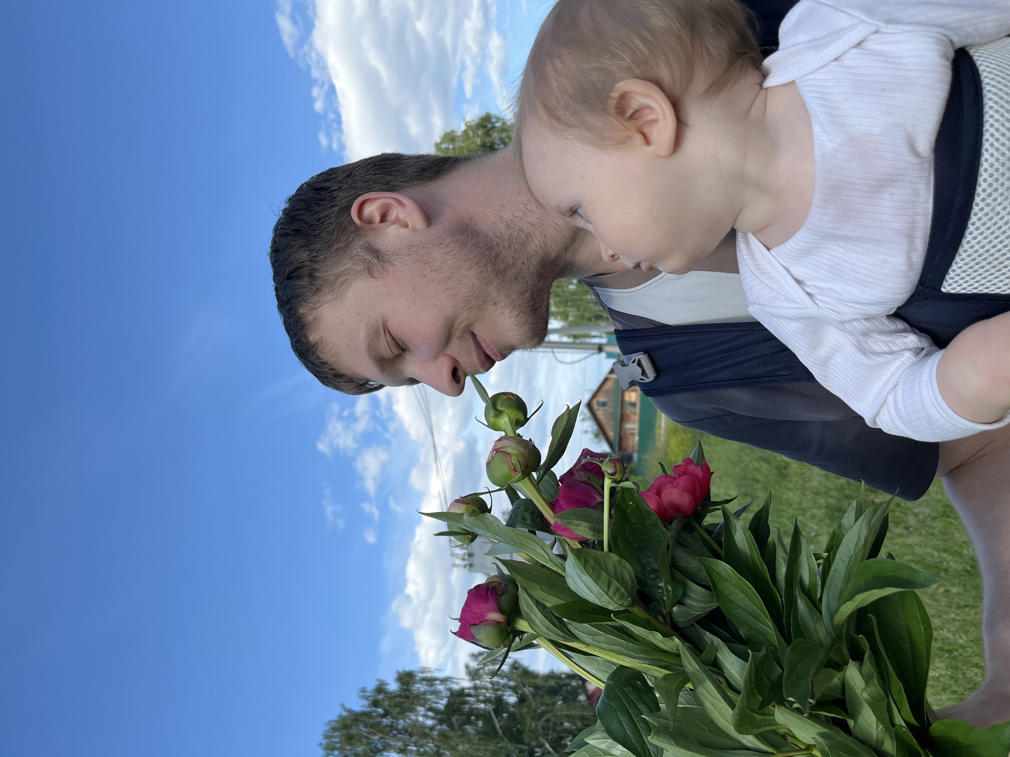 An outdoor, eye-level, medium close-up photograph depicts a man holding an infant in a baby carrier, situated in what the prompt identifies as the city of Chaikovsky, Russia. The adult male, with light skin, short dark hair, and light facial stubble, wears a dark blue outer garment over a light-colored t-shirt. He holds a large bouquet of deep pink peony buds and green leaves in his left hand, with his eyes closed and a slight smile as he brings one of the buds close to his nose, appearing to smell it. The infant, with light skin and light blonde hair, is secured in a dark blue baby carrier with a grey mesh panel, worn by the man. The baby wears a white, long-sleeved, ribbed onesie and looks upwards towards the man's face, her profile visible. The background features green grass, tall trees with green foliage on the left, and a distant wooden building with a brown roof on the right, under a clear blue sky with scattered white clouds. Utility poles and wires are also visible in the mid-ground.