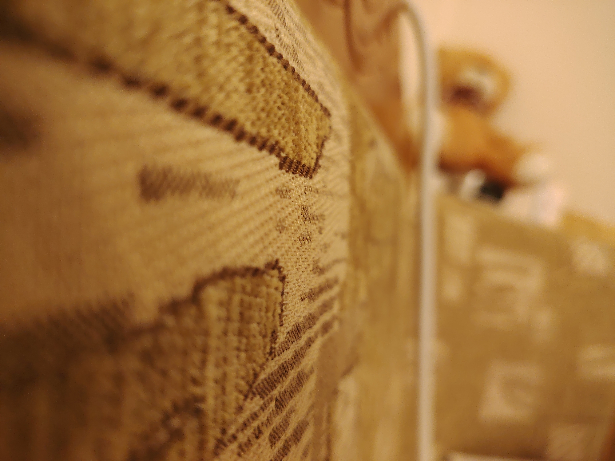 The image is a close-up, shallow depth of field shot of a textured fabric with a patterned design. The fabric appears to be a neutral beige or tan color with darker brown or sepia-toned geometric patterns, possibly a repeating diamond or square motif. The texture suggests it could be upholstery, a blanket, or a tapestry. In the background, there's a blurred element that appears to be a stuffed toy, possibly a teddy bear, with orange-brown fur and darker ear details. The lighting is warm and soft, casting a gentle glow. There are no discernible features that would place this image in a specific location within Konakovo, Russia, nor are there any people or specific actions depicted.