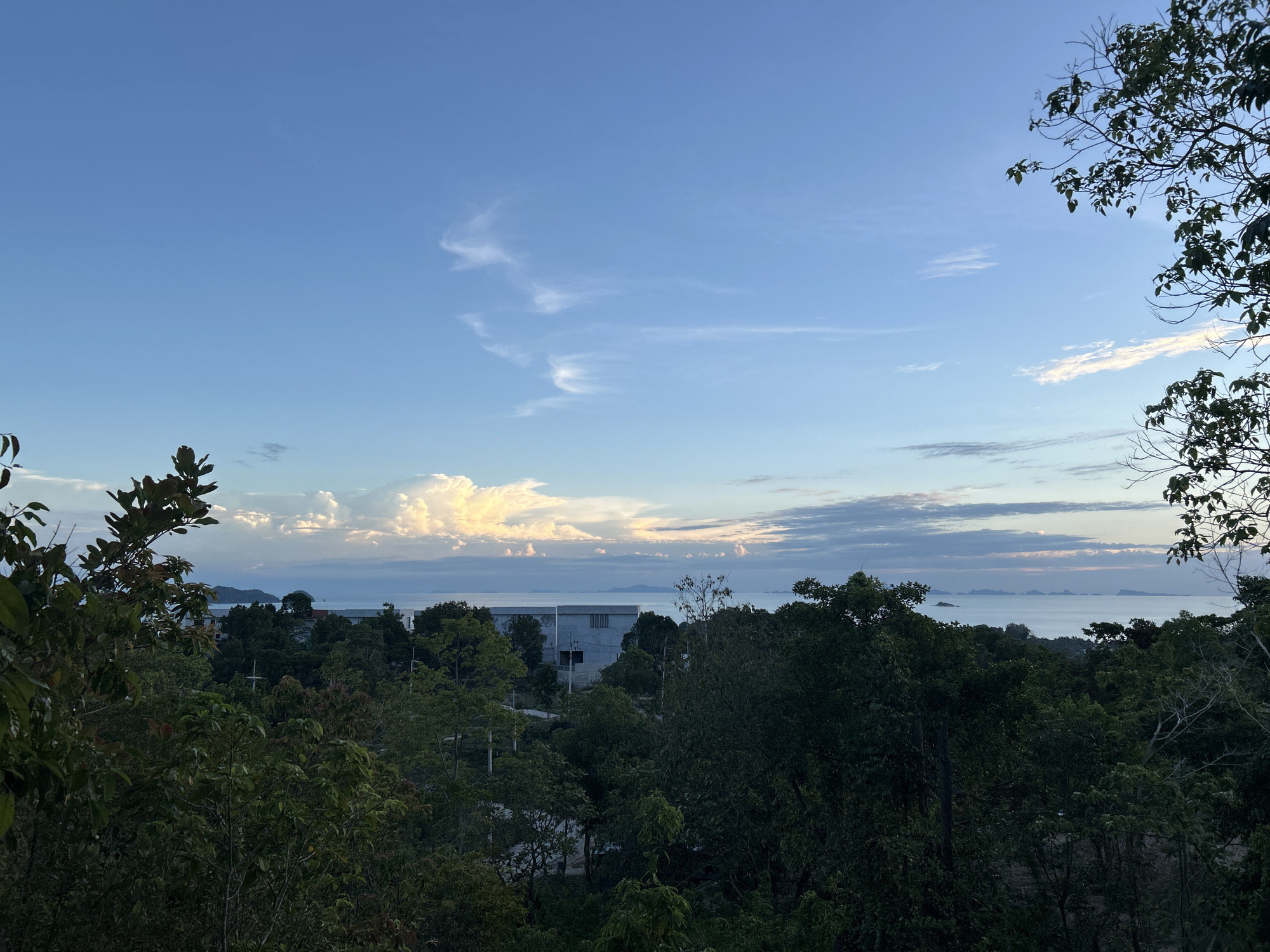 The image captures a scenic view from a slightly elevated vantage point, overlooking a lush green landscape leading to the ocean. In the foreground and mid-ground, dense foliage of various trees dominates the scene. The trees are predominantly dark green, with some showing lighter green leaves and branches. A few structures, appearing to be buildings with white or light-colored facades, are visible amidst the trees. These buildings have rectangular windows and roofs.
Beyond the trees and buildings, a calm body of water, likely the sea, stretches towards the horizon. The water appears a muted blue-grey. In the distance, a chain of islands or rocky outcrops rise from the sea, creating a silhouette against the sky.
The sky is a gradient of blues, with lighter hues near the horizon and deeper blues overhead. Scattered across the sky are wispy clouds, some tinged with pale yellow and orange, suggesting either early morning or late afternoon light. The overall impression is one of tranquility and natural beauty, with a hint of human habitation integrated into the landscape. The location is identified as Ko Pha-ngan Sub-district, Thailand.