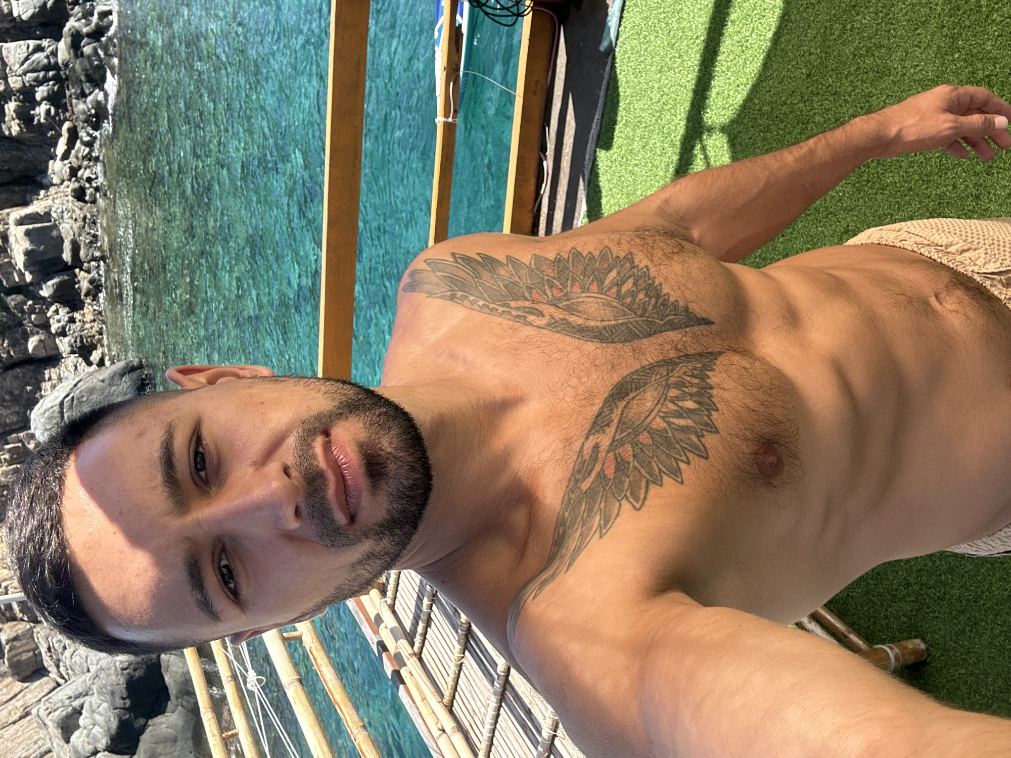 A man with a beard and a wing tattoo on his chest is taking a selfie. He is shirtless and wearing patterned swim trunks. He is standing on a deck with a railing and green turf. In the background, there is clear turquoise water and rocky cliffs. The scene appears to be in a coastal area, possibly a beach or a boat tour.