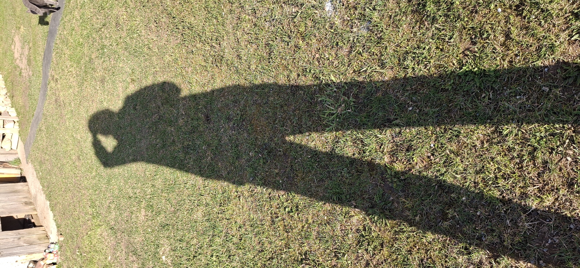 The image shows a shadow of a person on a grassy area. The shadow's arm appears to be raised to their face. A wooden structure is visible on the left side of the frame. The grassy area appears to be a yard or field. The location is stated to be in the city of Chaikovsky, Russia. No specific people, subjects, objects, actions, interactions, or environmental details are provided to suggest otherwise.