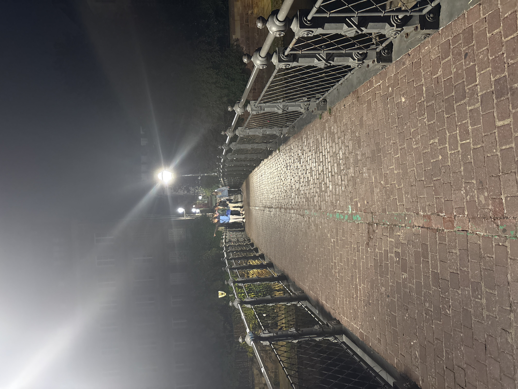 The image captures a night-time scene on what appears to be a bridge or elevated walkway in Strasbourg, France. The perspective is looking down the length of the path. The path, made of reddish-brown brick pavers laid in a diagonal pattern, occupies the right half of the frame, extending from the foreground towards the left distance.
Along the left side of the path, a dark, ornate metal railing runs continuously, featuring robust posts and horizontal bars with a decorative grid or mesh infill. Beyond this railing, some dark foliage is visible.
Multiple streetlights illuminate the setting. A particularly bright light source in the far left background creates a significant lens flare and casts a strong, diffused glow, contributing to a widespread hazy or foggy effect that largely obscures distant details. Through this atmospheric haze, the faint outlines of multi-story buildings with visible windows can be discerned on the far left.
A small group of people is visible on the path in the middle ground, seemingly walking or standing and heading towards the left. Their specific features are not discernible due to the distance and lighting. The scene suggests casual pedestrian activity in the evening. The prominent streetlights and the dark background indicate it is night. The pervasive haze around the lights suggests the presence of mist or fog, contributing to a serene and somewhat ethereal atmosphere. No discernible text is visible anywhere in the image.