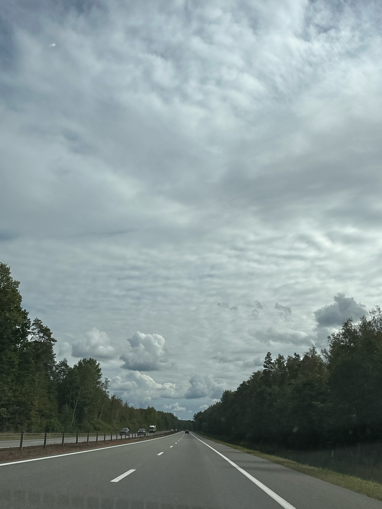The image shows a view from a vehicle traveling on a paved, multi-lane highway with white lane markings. The highway is flanked by dense, dark green trees on both sides. In the distance, several vehicles, including cars and a truck, are visible on the road. The sky is overcast with a mix of gray, textured clouds and some brighter, puffy white clouds. A small, bright speck, possibly the sun or a distant aircraft, is visible in the upper left portion of the sky. The environment appears to be a rural or semi-rural area, likely in the vicinity of Лапіцкі сельскі Савет, Belarus, given the landscape and roadway. There are no people directly visible in the frame, and the focus is on the road and the natural surroundings.