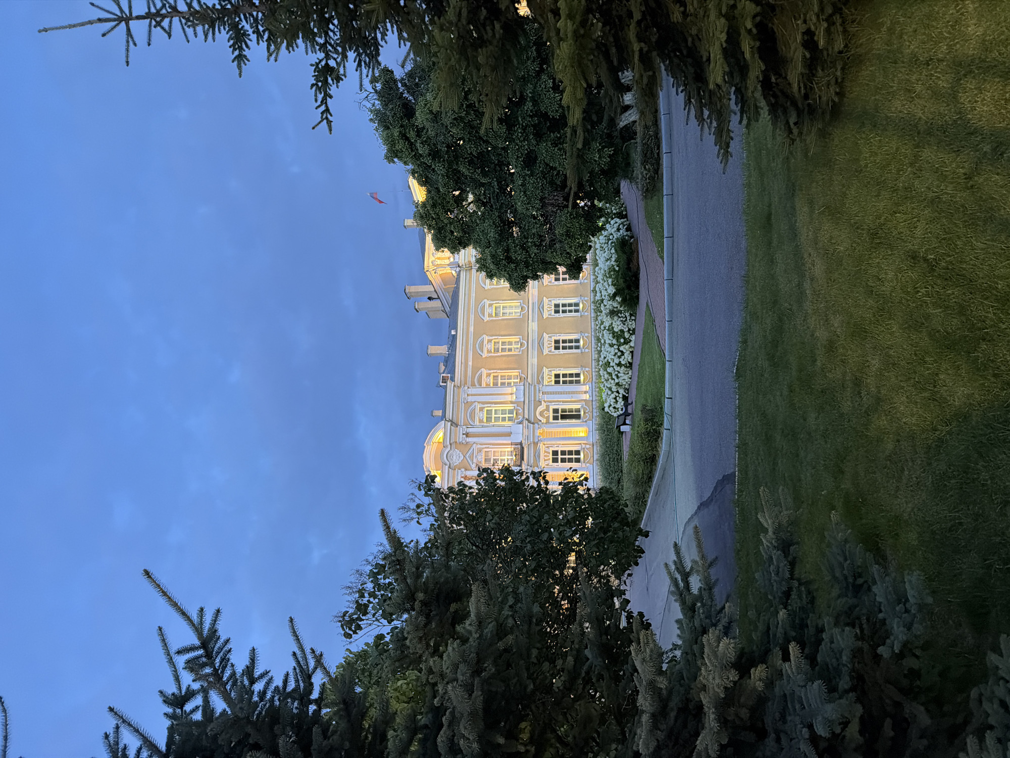 The image captures a view of the Tauride Palace in Saint Petersburg, Russia, during twilight. The palace, a prominent neoclassical building, is illuminated with warm yellow lights, highlighting its elegant facade with multiple windows and architectural detailing. In the foreground, lush green grass and trees frame the scene. Specifically, the branches of two coniferous trees are visible on the left and right sides of the image, partially obscuring the view of the palace grounds. A paved pathway and a neatly manicured lawn with white flowers are situated in front of the palace. A flag, appearing to be the Russian flag, is visible atop the palace. The sky above is a deep blue, characteristic of dusk, with some clouds present. The overall atmosphere is serene and picturesque, showcasing the historical grandeur of the palace against the fading light of day.