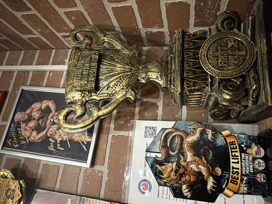 The image captures a static indoor display of powerlifting and bodybuilding awards, framed by a reddish-brown brick wall. The location is identified as Saint Petersburg, Russia, based on the "САНКТ-ПЕТЕРБУРГ" logo and text on a white informational card.
In the upper-middle section, a silver-framed photograph of a smiling, heavily muscled male bodybuilder in a competitive pose is prominently displayed, autographed with "To Fitness Club Viking!" and "Keep Pumping!". To the right, a large, ornate, gold-colored trophy with two handles stands on a detailed base. A rectangular plaque on its body reads "GLOBAL POWERLIFTING COMMITTEE," and a circular medallion on its base states "FIRST PLACE" surrounded by a Greek key pattern.
To the lower-left, a hexagonal plaque features a stylized golden mythical lion (possibly a singha) and a banner declaring "BEST LIFTER," with smaller text below indicating "POWERLIFTING POWERSPORT ARMLIFTING" alongside various powerlifting logos. Adjacent to this plaque is the aforementioned white informational card, displaying a Saint Petersburg city logo, the Cyrillic text "АНО "ВОЗРОЖДЕНИЕ"" (ANO "VOZROZHDENIE"), a QR code, and bulleted Russian text detailing community objectives. A partially visible gold medal, possibly labeled "EUROPEAN CUP," is seen in the upper-left corner of the image. No individuals are present in the scene; the items are stationary displays of achievement.