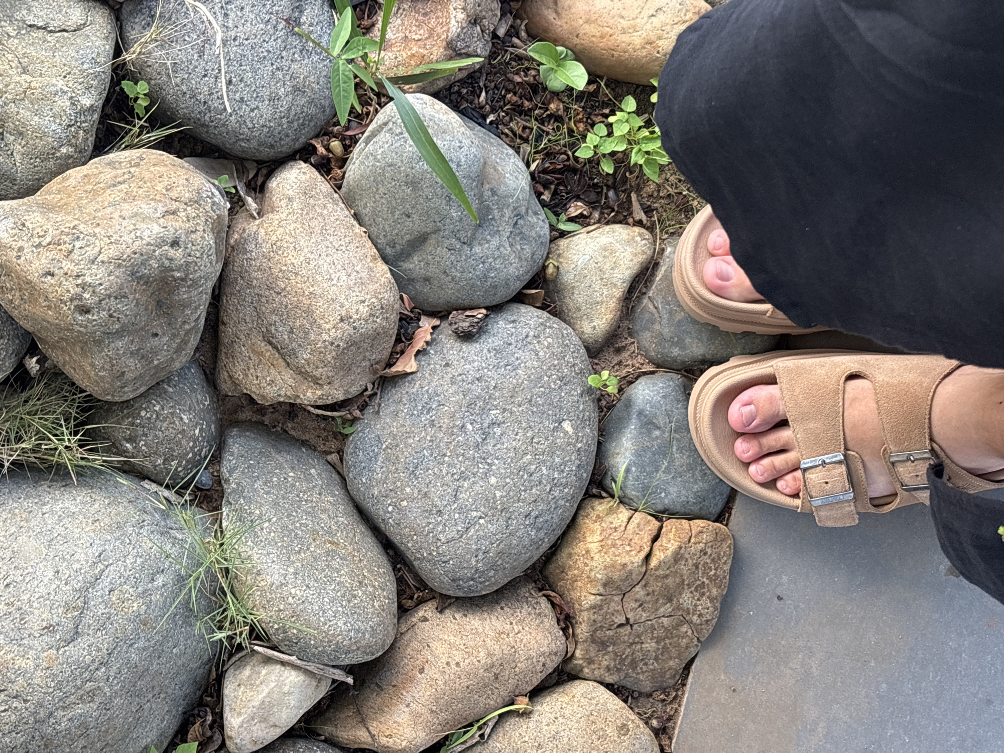 A first-person perspective shot shows feet clad in tan slide sandals standing on a gray paved surface. The background is a dense arrangement of various-sized, natural rocks and scattered green foliage. The rocks are a mix of grays and browns, with some showing signs of age and weathering. The lighting suggests it is daytime, with shadows cast by the rocks and foliage.