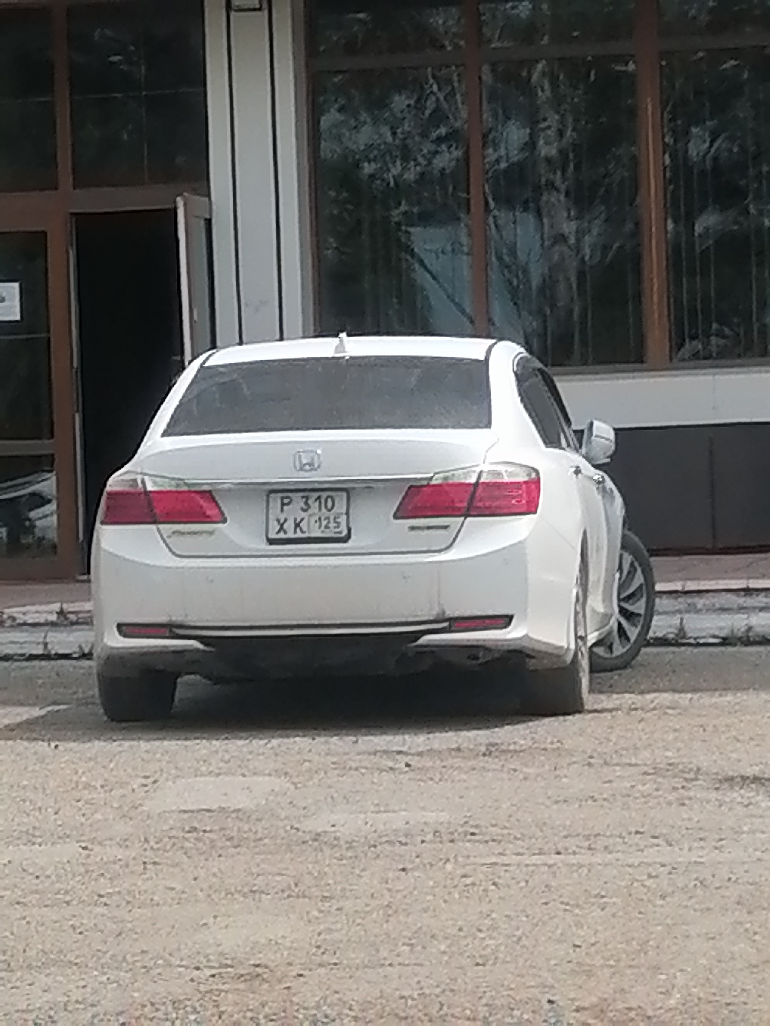 A white Honda Accord sedan is parked on a gravel surface in front of a building with large glass windows. The car's license plate is visible and reads "P 310 XK 125". The building appears to be an office or commercial space, with a dark-colored door on the left side of the frame that is slightly ajar. The windows of the building are reflecting the surrounding trees. The sky is not visible in the frame. The car is facing away from the viewer. The image appears to have been taken during the daytime. The location is identified as Lesozavodsk, Russia.