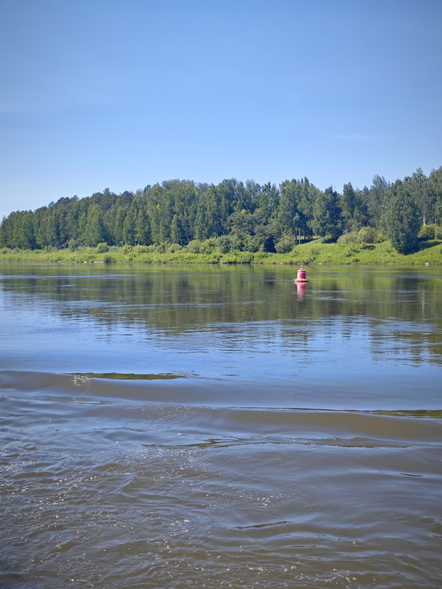 A wide, calm river flows through a natural landscape under a clear blue sky. The river occupies the foreground and midground, reflecting the sky and a lush green treeline that forms the background. A single red buoy floats on the water's surface in the midground, marking a point in the river. The treeline is dense and varied, with a mix of deciduous and coniferous trees, suggesting a wooded area. The water is dark in the foreground, possibly due to ripples or a deeper channel, transitioning to a lighter, more reflective surface further out. The scene appears to be in Savino, Russia, given the context provided.