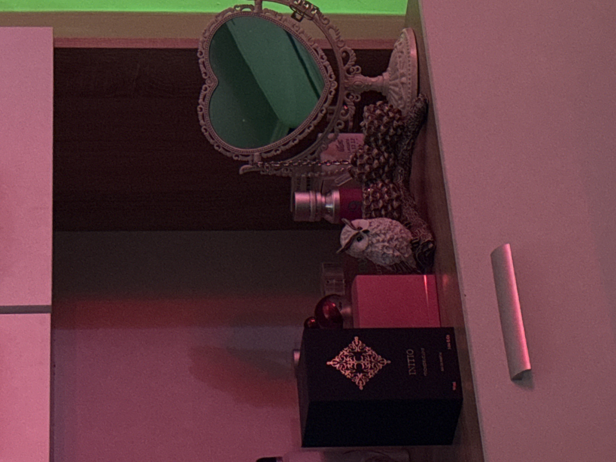 The image depicts a cluttered shelf inside a cupboard. On the shelf, there is a heart-shaped mirror, a decorative tree, perfume bottles, a small owl figurine, and a black box with a gold emblem labeled "INITIO." A light pink box sits next to the black one. A silver handle is visible on the right side of the shelf. The color palette of the environment consists of various hues of pink and green. The city location is unknown.