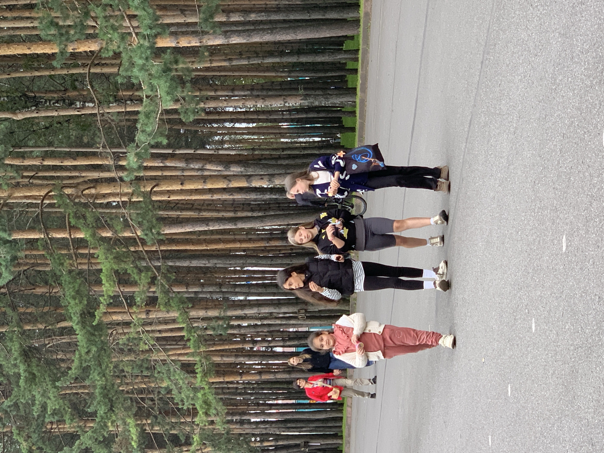 In Prokopyevsk, Russia, a group of people are walking along a paved path bordered by a dense forest of tall, slender pine trees. In the foreground, four young females are walking together. The female on the far left wears a pale pink tracksuit and a cream-colored cardigan. Next to her, a girl in a black puffer vest over a striped shirt and black leggings is eating something. To her right, a girl in a black hoodie with a white and yellow pattern on the sleeves and grey shorts is holding a snack. The girl on the far right wears a white and navy patterned cardigan over a white top and black pants, carrying a dark blue bag with colorful drawings. Further in the background, two adult females and another individual are walking. One adult female wears a red jacket and beige pants, carrying a tan purse. The other adult female wears a dark jacket and jeans. The environment suggests an outdoor recreational area, possibly a park or a walkway adjacent to a wooded area. The lighting indicates it is daytime, likely late afternoon due to the soft light.