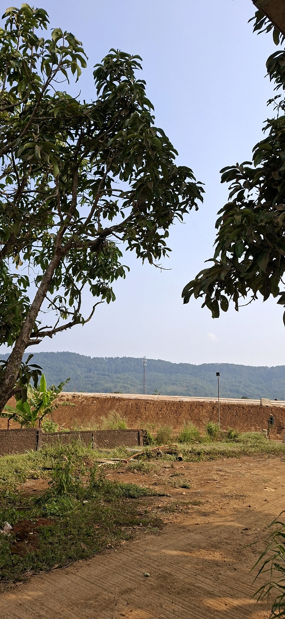 The image depicts an outdoor scene with elements of nature and construction. In the foreground, there is a dirt path with some scattered green vegetation. To the left, a large tree with lush green leaves branches out, partially obscuring the view. In the midground, a significant earthen embankment, likely part of a construction project, is visible. This embankment is covered with brown soil and some patches of grass. Beyond the embankment, a distant view of a verdant, tree-covered hill or mountain range dominates the horizon. A tall, slender telecommunications tower stands on the hillside, and a smaller black object, possibly a security camera or lamp, is mounted on a pole in front of the embankment. The sky is a clear, pale blue. The scene appears to be located in a rural or semi-rural area, given the natural landscape and the ongoing construction. The specific location in Kutasirna, Indonesia, suggests a tropical or subtropical climate, consistent with the presence of abundant greenery and the warm, clear sky. There are no people or animals visible in the image.