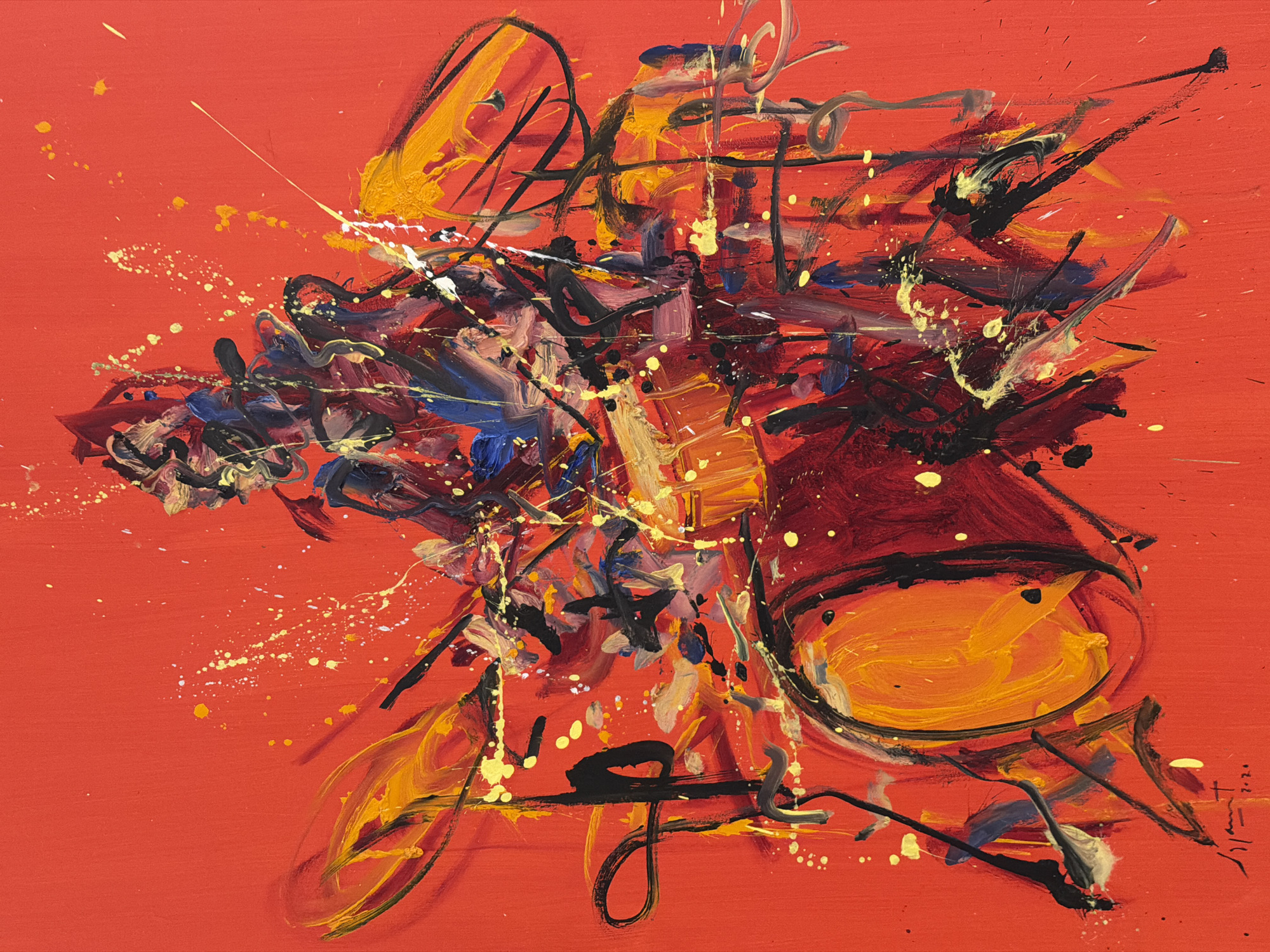 This is an abstract painting with a predominantly red background. The central composition features a chaotic arrangement of paint strokes and splatters in a variety of colors including black, yellow, white, blue, and shades of red and brown. There is a loose suggestion of a form resembling a face or a flower. There is a signature in the lower right corner, followed by numbers "2-20". There is no information to suggest that the painting contains specific reference to the city of San Bernardino Tlaxcalancingo, Mexico.