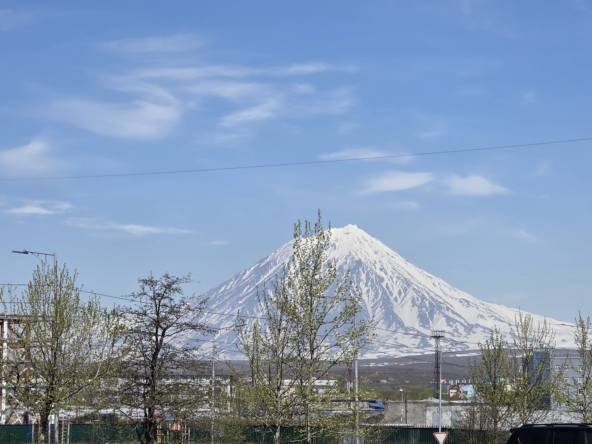 This forensic description details a bright, outdoor scene capturing a cityscape dominated by a large stratovolcano.
The upper half of the image features a clear light blue sky, scattered with sparse, wispy white clouds. A thin, dark utility wire spans horizontally across the middle of the sky.
The prominent background element is a massive, snow-capped stratovolcano, its conical peak covered in white snow and ice. Dark rock formations are visible through the snow, particularly on the lower slopes, indicating a mix of snow and exposed terrain.
In the midground, a diverse urban landscape unfolds. Numerous low-rise buildings, some appearing residential with multiple windows, others commercial or industrial, are visible. One distinct building to the right displays a large, stylized portrait of a man's face painted on its side in blue, white, and brown hues. A network of utility poles and overhead power lines crisscrosses this area, partially obscuring the view of the buildings and the volcano.
The foreground is characterized by several deciduous trees with light green, newly emerging foliage, suggesting early spring. These trees vary in size and density, partially framing the view. To the far left, a metallic structure, possibly part of scaffolding or a tower, is visible. In the bottom right quadrant, a red and white triangular yield sign is partially visible, along with a portion of a dark vehicle, likely an SUV or car. A low, dark fence-like structure runs horizontally along the very bottom edge of the frame.
The scene is well-lit by natural daylight, casting subtle shadows and indicating a clear day. No individuals are visible within the frame. The location is in the city of Unknown, Unknown.