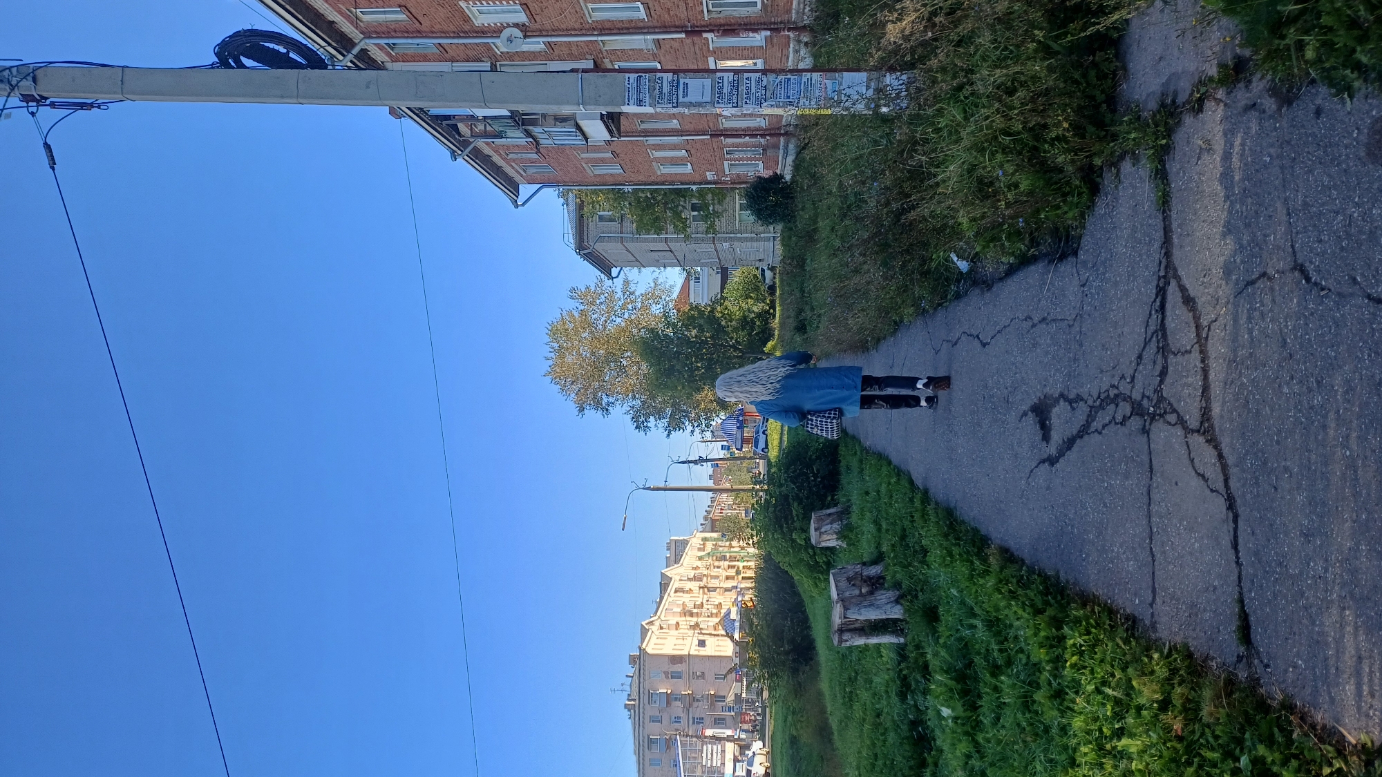 A full, eye-level, vertical shot captures a person walking away from the camera on a cracked asphalt path. The individual, with long, wavy blonde hair and wearing a blue coat and dark pants, carries a checkered tote bag. The path is bordered by overgrown green grass and a few tree stumps on the left, and tall grass and a brick apartment building on the right. A utility pole with cables and advertisements is prominent on the right side of the frame, near the building. In the background, several apartment buildings and trees are visible under a clear blue sky, suggesting an urban environment in Izhevsk, Russia. The lighting indicates it is daytime, likely morning or late afternoon due to the long shadows.