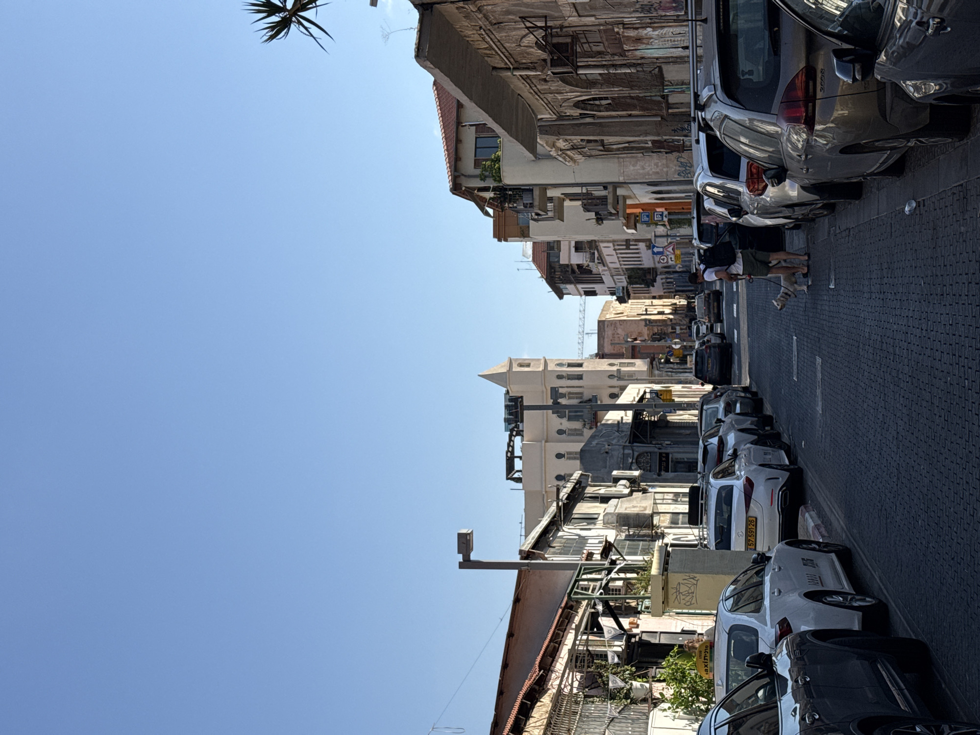 The image depicts a street scene in Tel Aviv, Israel, likely in an older district, given the architecture. The perspective is looking down a narrow street lined with parked cars on both sides. The buildings on either side of the street are varied in style, with some appearing to be older, possibly historic, and others more modern. The street is paved with cobblestones. The sky is clear and blue, indicating a sunny day.
In the foreground, several cars are parked along the right side of the street. The closest car is a dark-colored SUV, partially visible. To its right, a light-colored SUV is parked, followed by a white Mercedes sedan with license plate 57-591-26. Further down the street, more cars are parked, including a white sedan with Hebrew writing on its side, possibly a taxi.
On the left side of the street, a light-colored sedan is prominently parked, with Hebrew writing on its side. Next to it, a yellow taxi with Hebrew writing is also visible. Behind the parked cars on the left, the facades of buildings are visible, featuring various architectural details, including balconies and windows.
In the middle of the street, a man wearing a white t-shirt, dark shorts, and a backpack is walking a small, light-colored dog on a leash. They are moving away from the viewer, towards the end of the street.
The environment is urban, with the street acting as a central element. The architecture suggests a mix of old and new construction, characteristic of many Israeli cities. The presence of parked cars and a taxi indicates a functional city street. The clear sky and sunlight create a bright, daytime atmosphere.