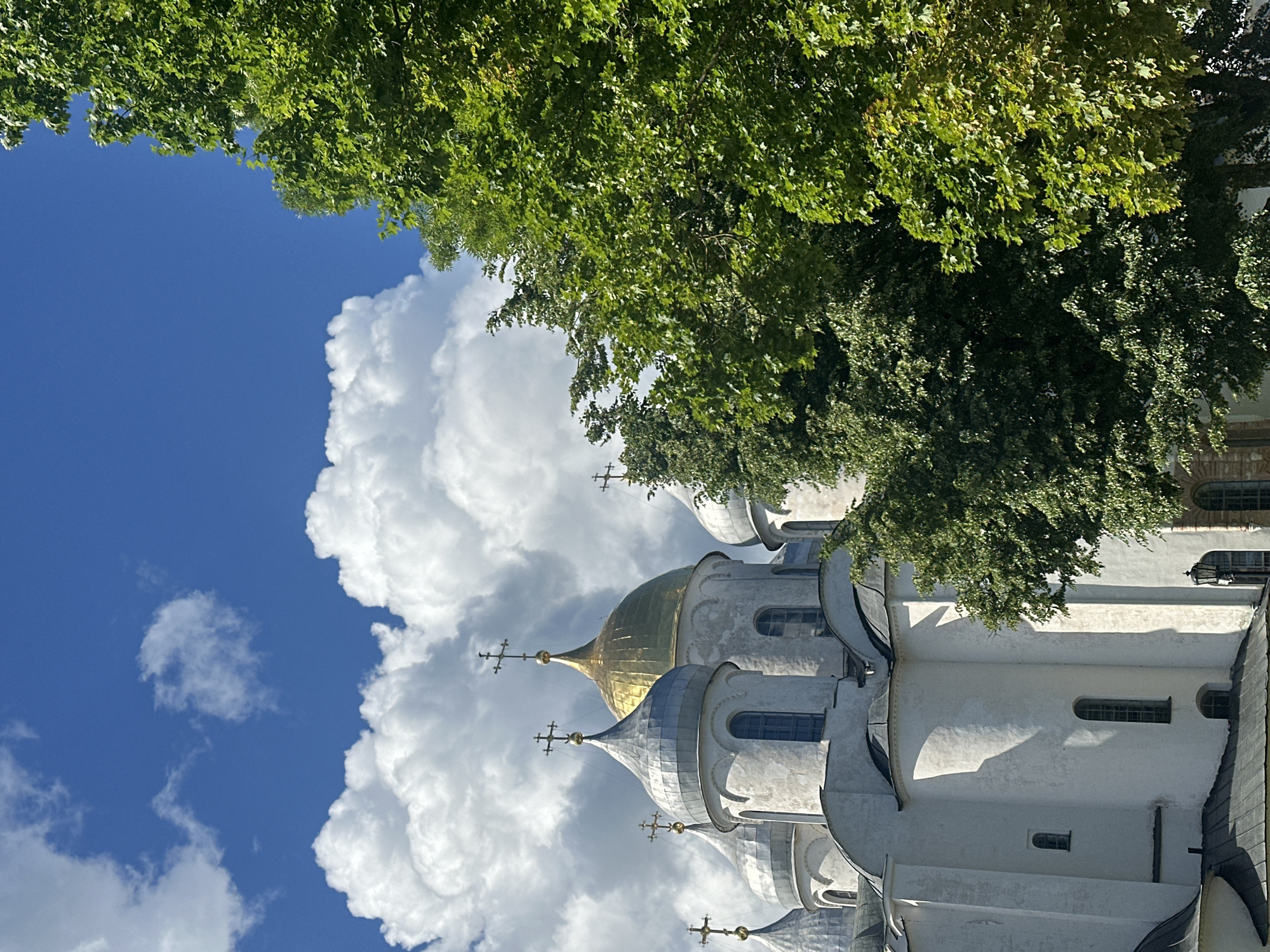 The image displays the Saint Sophia Cathedral in Veliky Novgorod, Russia, on a sunny day with a blue sky and puffy white clouds. The cathedral, a prominent white stone structure, features several domes, one of which is gilded, and is topped with crosses. The foreground is partially obscured by lush green trees, with their leaves in sharp focus. The lower portion of the image shows architectural details of the cathedral, including arched windows and shadowed sections of its exterior walls. The scene is devoid of any people or animals.