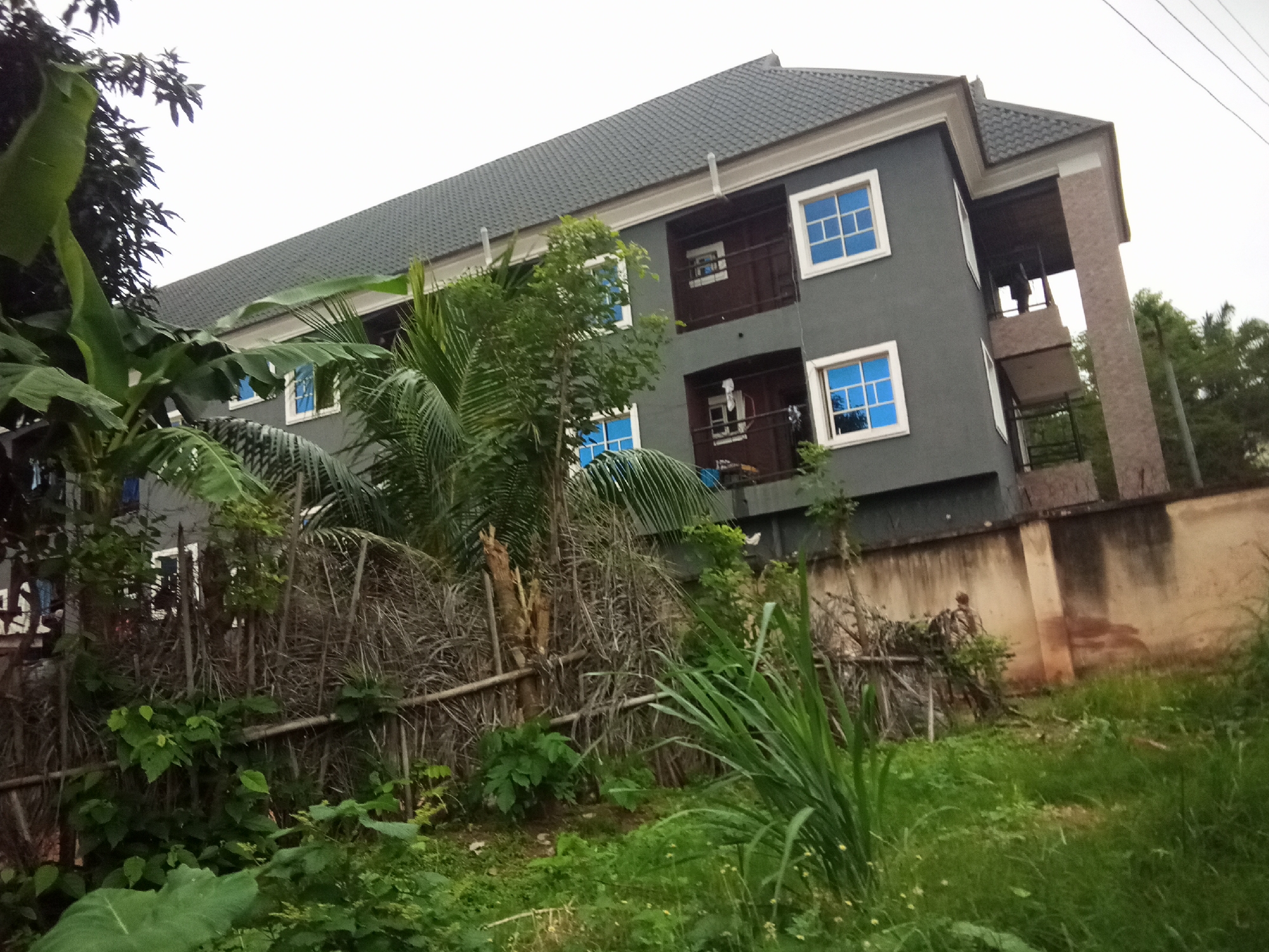The image shows a gray, three-story building with a dark gray, tiled roof. The building has several windows with blue panes and white frames, and balconies with dark brown railings. A portion of the building features a textured beige and brown column. In front of the building, there is a dense collection of dry, brown vegetation and bamboo poles, forming a fence-like structure. Lush green plants, including banana leaves and tall grasses, are in the foreground. The scene is set in a slightly overcast outdoor environment, with a hint of greenery and trees visible behind the building and to the right. The location is identified as Nanka, Nigeria.