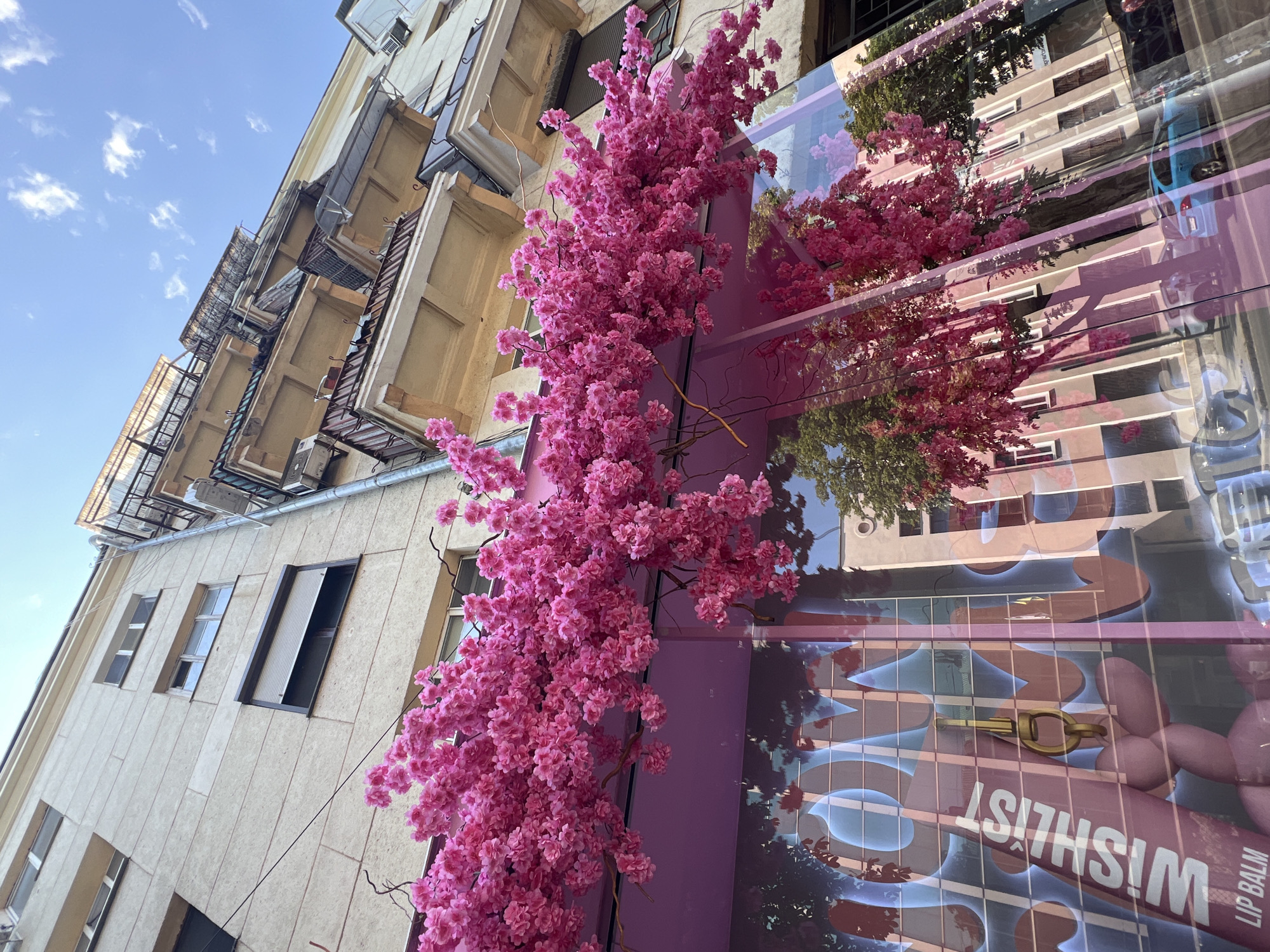 The image depicts a street-level view looking upwards at the facade of a building in Odesa, Ukraine. Pink artificial cherry blossoms are prominently displayed across the upper part of a store window, creating an overhead canopy. The store window is large and reflective, mirroring the building across the street, trees, and a blue car. A pink tube labeled "WISHLIST LIP BALM" is visible on the left side of the window. The building itself appears to be an older multi-story structure with balconies. The sky is clear blue with scattered white clouds. The overall scene suggests a commercial area, possibly a cosmetics or beauty store, with decorative elements enhancing its visual appeal.