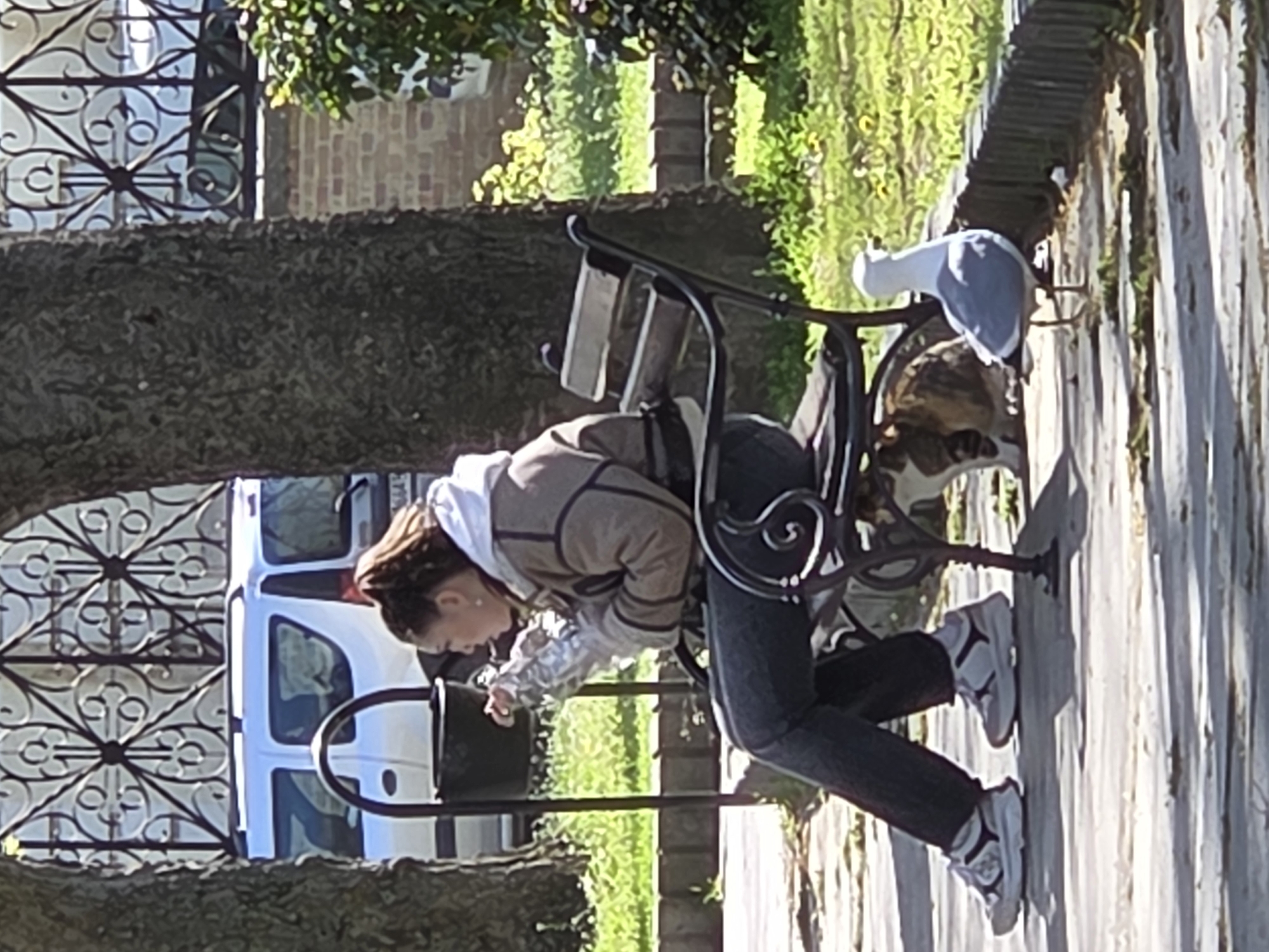 An outdoor scene in Varna, Bulgaria, depicts a young woman interacting with a dog and a seagull on a sunny day. A woman, with her brown hair tied back and wearing a light brown and white jacket over a dark top, dark pants, and white and black sneakers, is bent over, facing a light brown and white dog that is sitting on a black metal park bench. Her hands are near the dog's mouth, suggesting she might be feeding it or offering it water. Perched on the backrest of the same ornate black metal bench, behind the dog, is a white and grey seagull.
The setting appears to be a park or public walkway. A paved path runs along the right side of the frame. In the foreground on the left, a large tree trunk occupies a significant portion of the view. Beyond the bench, there are grassy areas and green foliage. A black trash can is situated near the woman. In the mid-ground, a decorative wrought iron fence with circular patterns is visible, and through it, parts of a white van can be seen. Further in the background, brick buildings and more greenery are present. The bright sunlight suggests it is daytime, possibly late morning or afternoon, with clear weather. No discernable text is visible in the image.