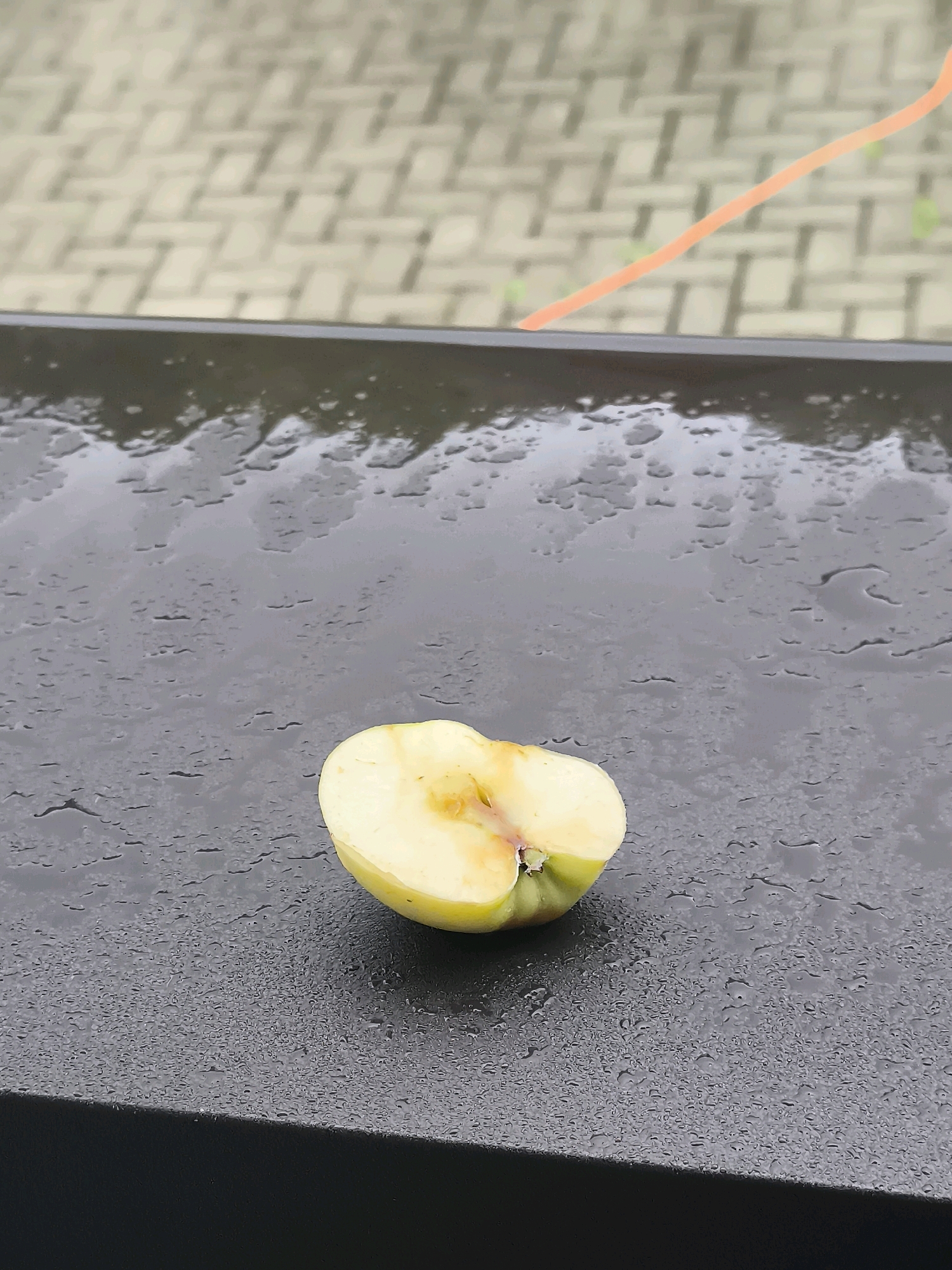 A half-eaten apple, light yellow with some brown discoloration, rests on a dark, wet surface. The surface appears to be a railing or ledge, covered in numerous small water droplets. In the background, a blurred pattern of interlocking paving stones is visible, with a thin orange line drawn diagonally across it, suggesting a chalk mark or a piece of tape. The overall scene is outdoors, and the wet surface indicates recent rain. The location is Dercekliai, Lithuania.