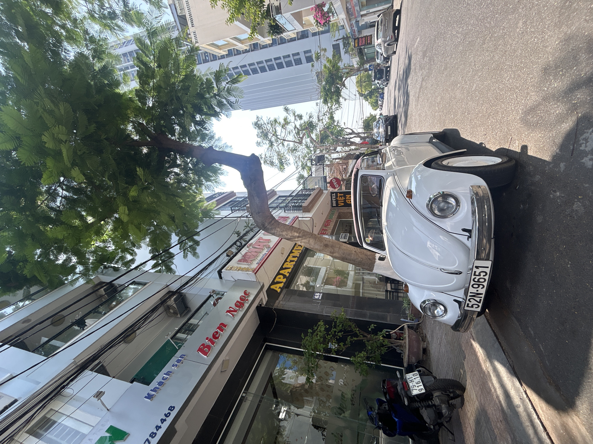 The image captures a street scene in Bắc Nha Trang, Vietnam. On the right side of the frame, a vintage white Volkswagen Beetle is parked. To the left of the Beetle, a blue moped sits parked on the sidewalk. The building behind the vehicles features signs for "Bien Ngọc" and "APARTME," along with various other commercial signage. Overhanging the scene is a large tree with dense foliage, its branches reaching across the street. Taller buildings are visible in the background, creating an urban backdrop. The scene is lit by natural daylight, and there are several other vehicles parked further down the street.
