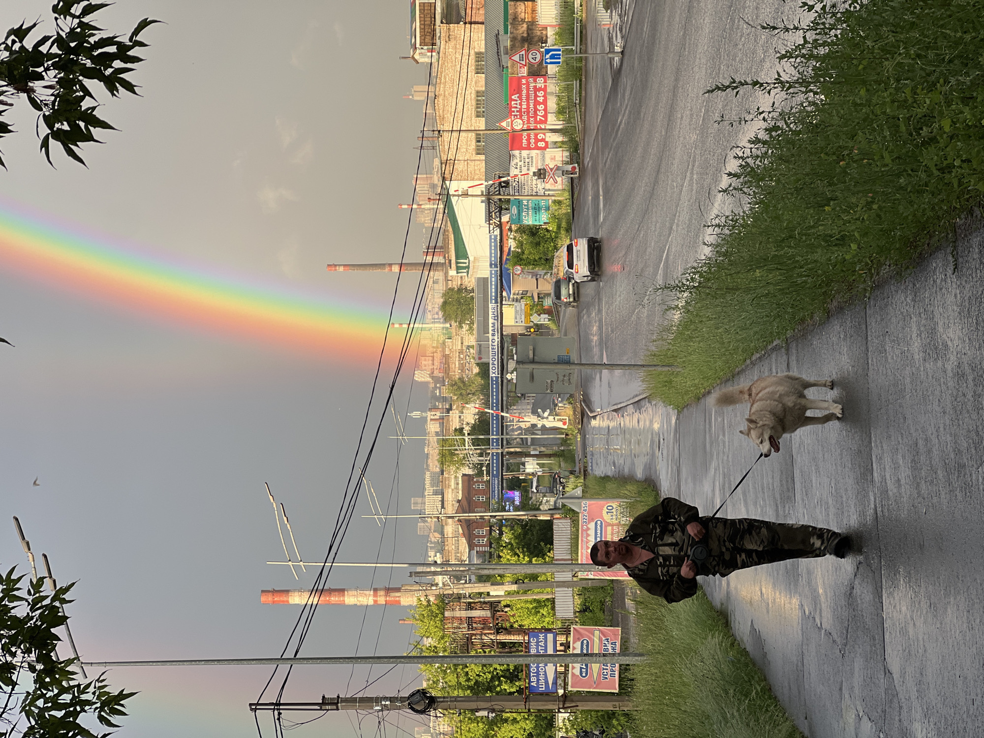 The image captures a scene in Izhevsk, Russia, featuring a double rainbow arching across a cloudy sky. In the foreground, a man wearing camouflage clothing walks his light-colored dog on a leash along a wet paved walkway. The walkway is bordered by lush green grass on the right and a road with a few cars on the left.
In the background, industrial buildings and smokestacks are visible, suggesting an industrial area of the city. A railroad crossing with barriers is present, indicating a railway line. Various signs are posted along the roadside, some in Russian, advertising services and businesses. The overall atmosphere suggests a recent rain shower, with the wet surfaces reflecting the ambient light.