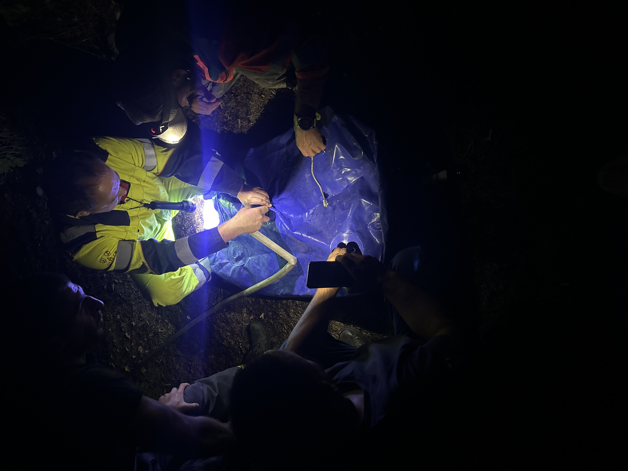 In the city of Bijele Poljane, Montenegro, a group of individuals are gathered around a blue tarp on the ground at night. They appear to be involved in a rescue or recovery operation. One person, wearing a bright yellow and grey high-visibility jacket, kneels and uses a flashlight to illuminate the area. Another individual, also in high-visibility clothing, is focused on an object on the tarp. A third person is holding a mobile phone, possibly recording or using it for light. A fourth person, partially obscured, seems to be observing or assisting. The ground around the tarp is covered with dark soil and some vegetation. The lighting is primarily from flashlights, creating a focused illumination on the central activity while the surroundings remain in darkness.