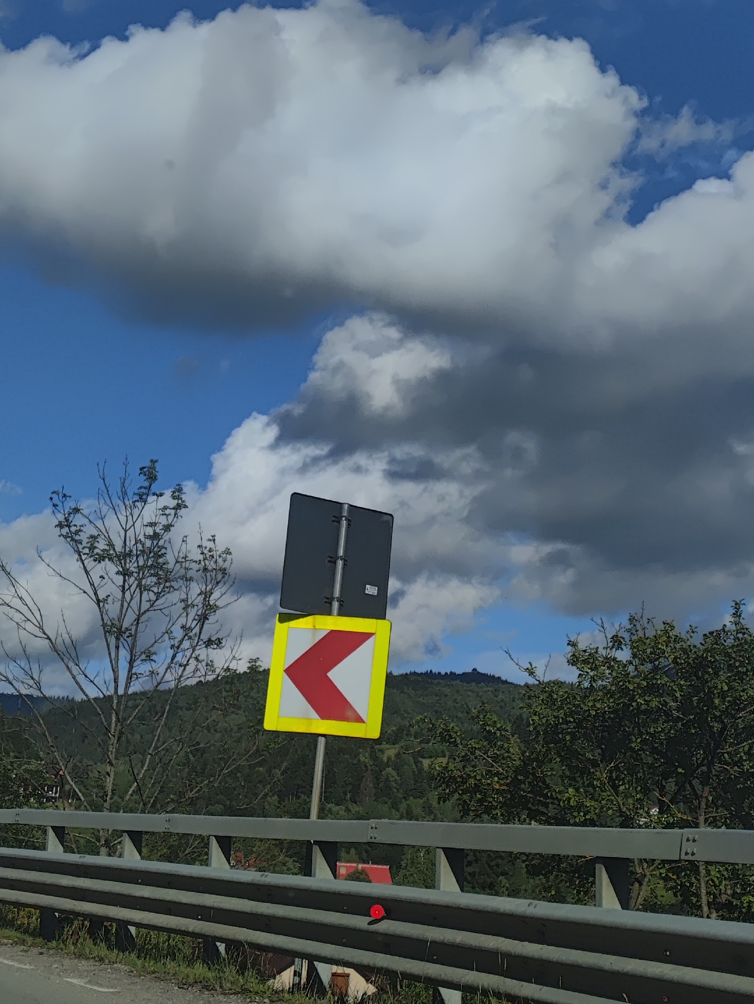 A traffic sign indicating a sharp left turn is posted on a metal pole. The sign features a white square with a red chevron pointing left, all outlined in yellow. Behind the sign, a dark grey rectangle is visible, possibly another traffic sign. The scene is set outdoors with a backdrop of rolling green hills covered in dense forest. The sky above is a mix of blue sky and dramatic grey clouds. In the foreground, a grey metal guardrail runs horizontally across the image, suggesting the sign is located beside a road. A thin, bare-branched tree stands to the left of the sign, and lush green trees are visible on the right. The overall impression is a rural or mountainous roadside environment, likely in the city of Borșa, Romania, given the context.