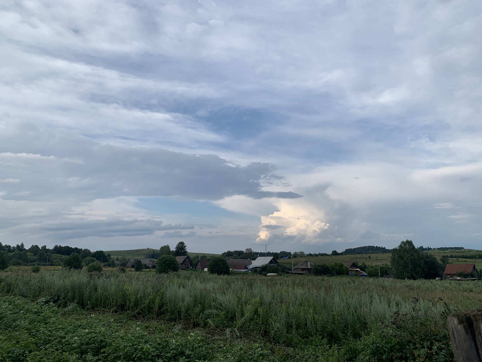 This media file depicts a rural landscape in Panteleevka, Russia, under a dramatic, cloudy sky. The scene is dominated by a vast field of tall, green grass and wildflowers in the foreground, stretching towards a cluster of houses nestled amongst trees in the midground. The houses appear to be traditional wooden structures, some with dark roofs and others with red tile. Beyond the houses, rolling hills covered in trees form the background, leading up to the expansive sky.
The sky is a prominent feature, with a mix of grey, heavy clouds and patches of lighter, brighter ones, suggesting a dynamic weather system, possibly with the threat or recent passing of rain. A particularly striking cloud formation, white and puffy, stands out against the darker clouds, illuminated by sunlight. A small, almost unnoticeable white speck, possibly a bird, is visible near this formation.
The time of day appears to be late afternoon or early evening, given the soft lighting and the cloudy conditions. There are no people visible in the scene, and the setting evokes a sense of tranquility and natural beauty, characteristic of the Russian countryside. The overall mood is one of peaceful, rural life, with the natural elements of the sky and vegetation playing a significant role in the composition. No text is visible in the image.