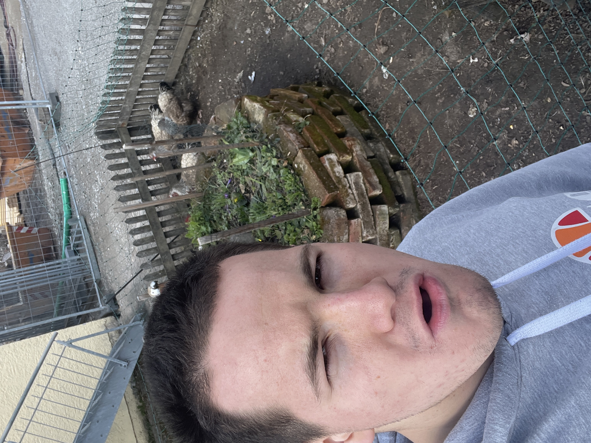The image shows a man with dark hair and a grey hoodie in an outdoor setting. The man's face is prominent in the foreground, with his mouth slightly open. Behind him, there is a fence and what appears to be a chicken coop with chickens. There are also bricks stacked near the fence. The environment includes dirt and vegetation. There is a metal structure to the left side of the frame. The location is identified as Benningen, Germany.