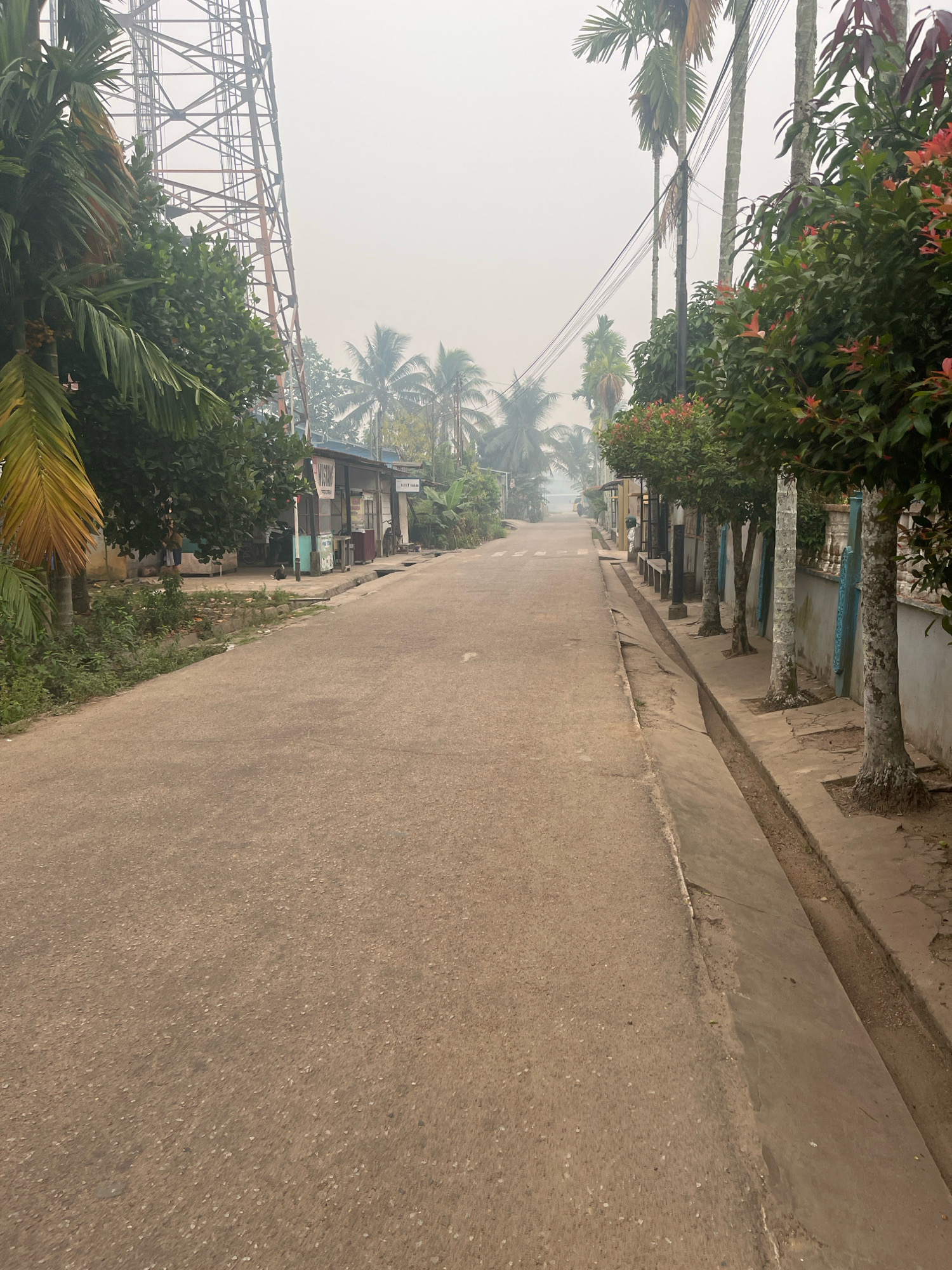 The image shows a hazy, overcast day on a paved road in Meliau Hulu, Indonesia. The road stretches into the distance, lined with palm trees and vegetation. On the left side of the road are several small structures, possibly shops or homes, with a large transmission tower in the background. On the right side, there is a concrete drainage ditch, a low wall, and more trees. The sky is a uniform grey, obscuring any clear details of the horizon. The overall impression is one of a quiet, somewhat neglected rural or semi-urban area.
