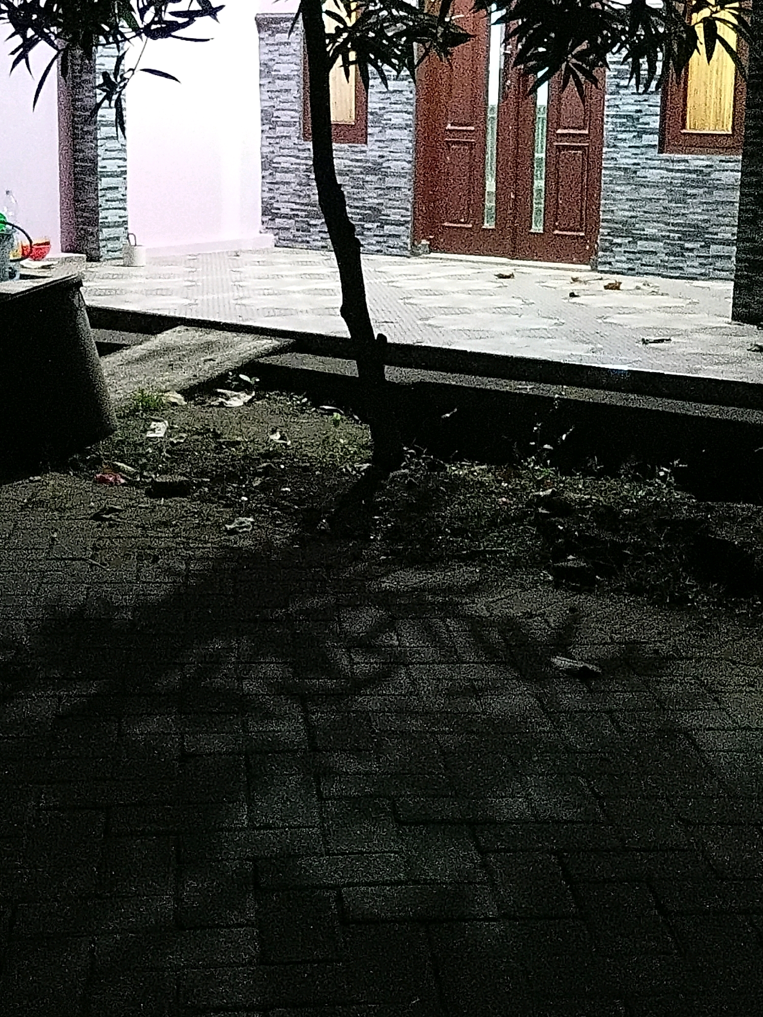 A ground-level outdoor shot captures a shadowy area in front of a building. In the foreground, dark pavement with a brick pattern is visible, with scattered leaves and debris on a patch of dry grass to the right. A tree trunk with dark leaves partially obscures the view. To the left, a dark trash receptacle sits beside a wall. Beyond this, a paved walkway leads to a building featuring a dark brown double door, a window with yellow curtains, and walls clad in grey stone tiles. The lighting suggests it is evening or nighttime. This scene is located on Jalan Tembok Baru, Cikal, Indonesia.