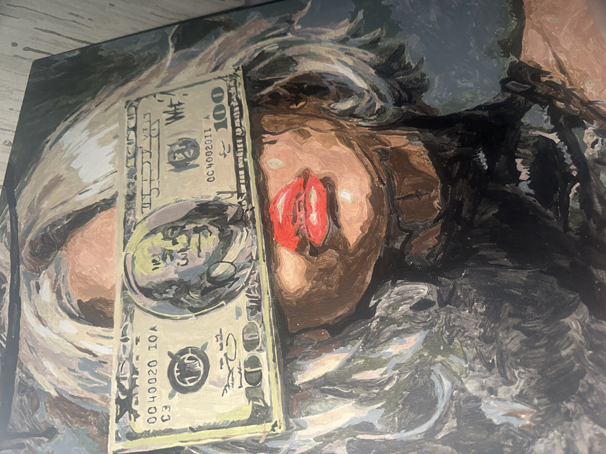 The image depicts a painting of a face, overlaid with a painted representation of a $100 US dollar bill. The face has red lips and appears to be surrounded by painted strokes representing hair or fabric. The $100 bill is placed diagonally across the face. The style is expressive with visible brushstrokes. There is no indication of the city of Высокий, Russia, in the image.