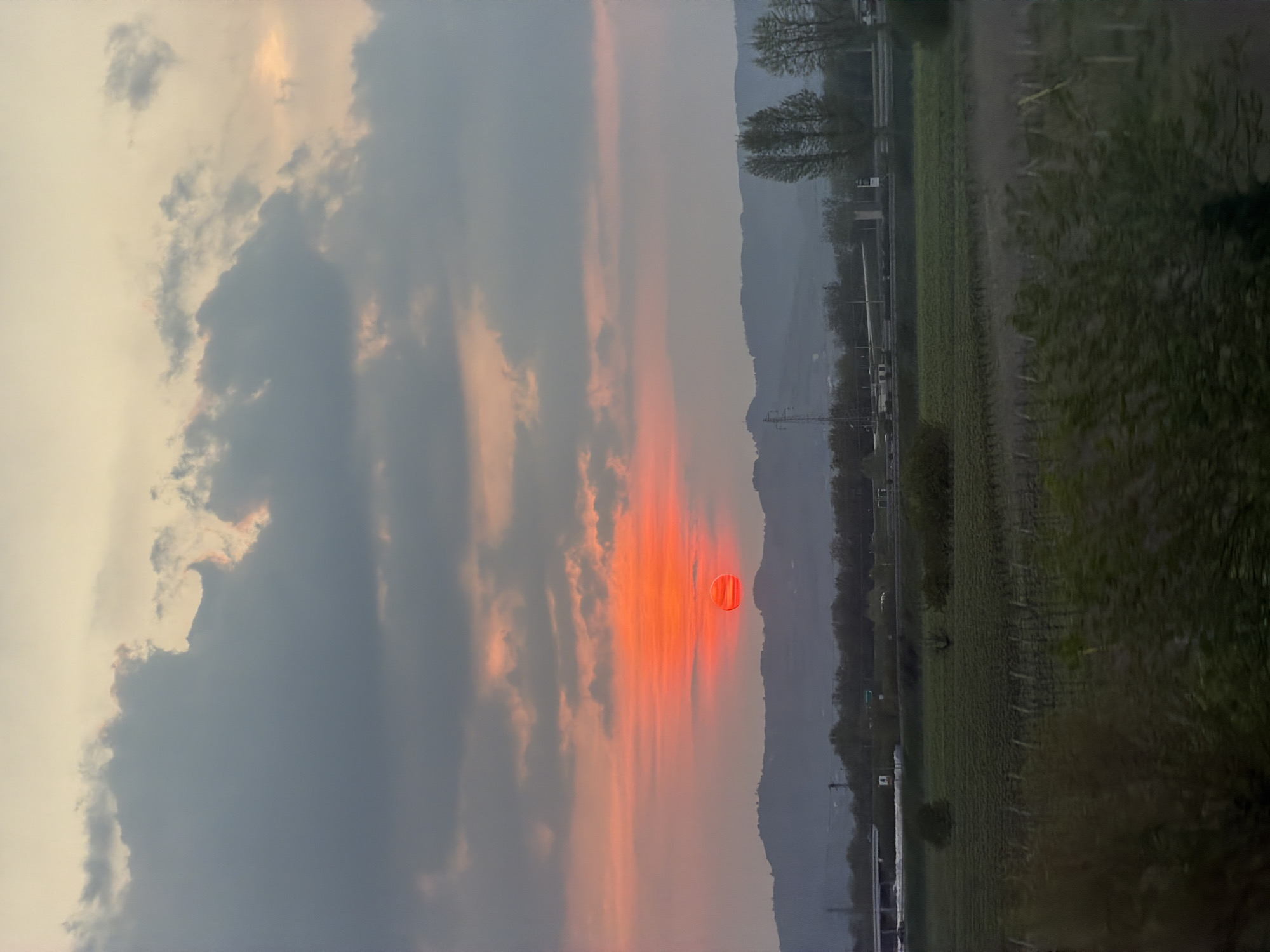 The image presents a panoramic landscape at sunset or sunrise, likely captured from a moving vehicle in Altavilla Vicentina, Italy. The prominent feature is a large, vibrant red-orange sun, visible as a distinct disc, positioned towards the right side of the frame, just above a distant mountain range.
The sky above is dramatic, filled with a mix of light, warm-toned clouds, and darker, heavier grey clouds, particularly towards the left. Streaks of orange and pink light emanate from the sun, painting the sky with warm hues that contrast with the cooler grey of the other clouds.
The horizon is defined by a long chain of mountains or hills, appearing in soft grey and blue tones, silhouetted against the colorful sky. Below the mountains, the midground and foreground reveal a cultivated rural landscape. Various fields, possibly vineyards or agricultural plots, stretch across the scene, showing rows of green plants and tilled earth.
Scattered trees, some with bare branches and others with early spring foliage, dot the landscape, particularly along distant roads or property lines. Faint infrastructure, including what appears to be a highway or road with indistinct vehicles and utility poles, can be seen running parallel to the mountain range. No people or animals are distinctly visible. The overall mood is serene and picturesque, capturing the beauty of dusk or dawn over the Italian countryside. There is no visible text in the image.