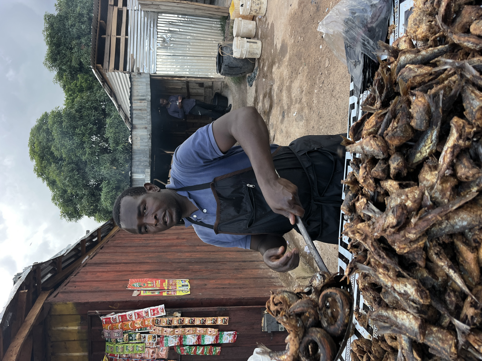 An outdoor market stall shows a Black man wearing a blue polo shirt and a black apron preparing a large pile of fried fish. He is holding a metal spatula and tongs over a display of fish. Behind him, a wooden stall is decorated with colorful packets of snacks. In the background, a corrugated metal structure houses other market vendors. The ground is dirt and there are several buckets and containers scattered around. The sky is overcast.