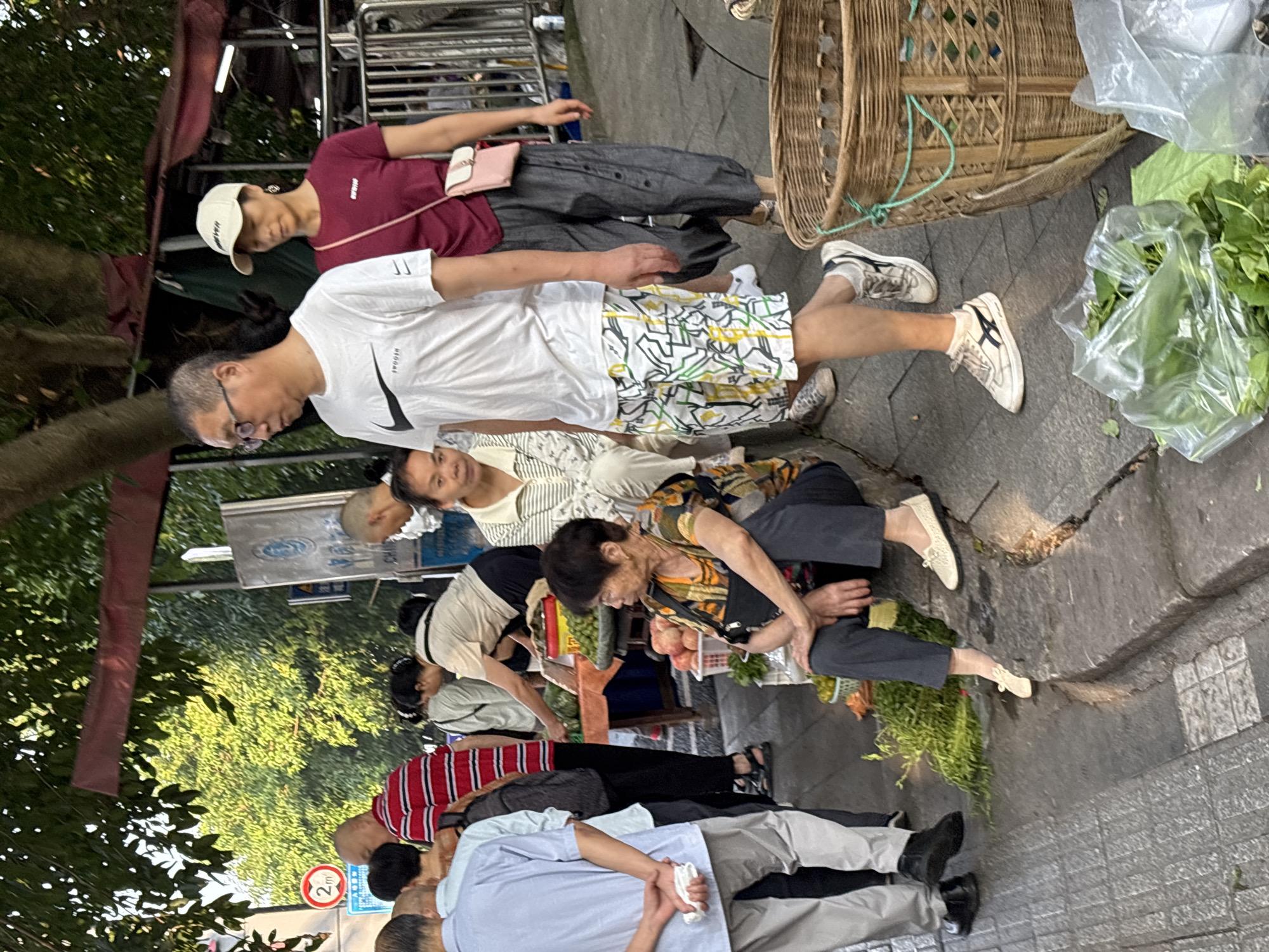 A street scene in Jiangjin, China, depicts a busy outdoor market or roadside stall. Several people are present, some appearing to be vendors and others customers. In the foreground, an older woman sits on a curb, dressed in a patterned top and dark pants, with a black bag slung over her shoulder. She is looking to her right. To her left, a man wearing glasses and a white Nike t-shirt with patterned shorts walks away from the camera, accompanied by a woman in a burgundy t-shirt and grey pants, carrying a pink purse. Other individuals are visible in the background, some interacting with the stalls. The environment includes trees, a red banner, market stalls with produce, baskets, and plastic bags filled with leafy green vegetables. The ground is paved with cobblestones and concrete, with a visible curb. The lighting suggests it is daytime.