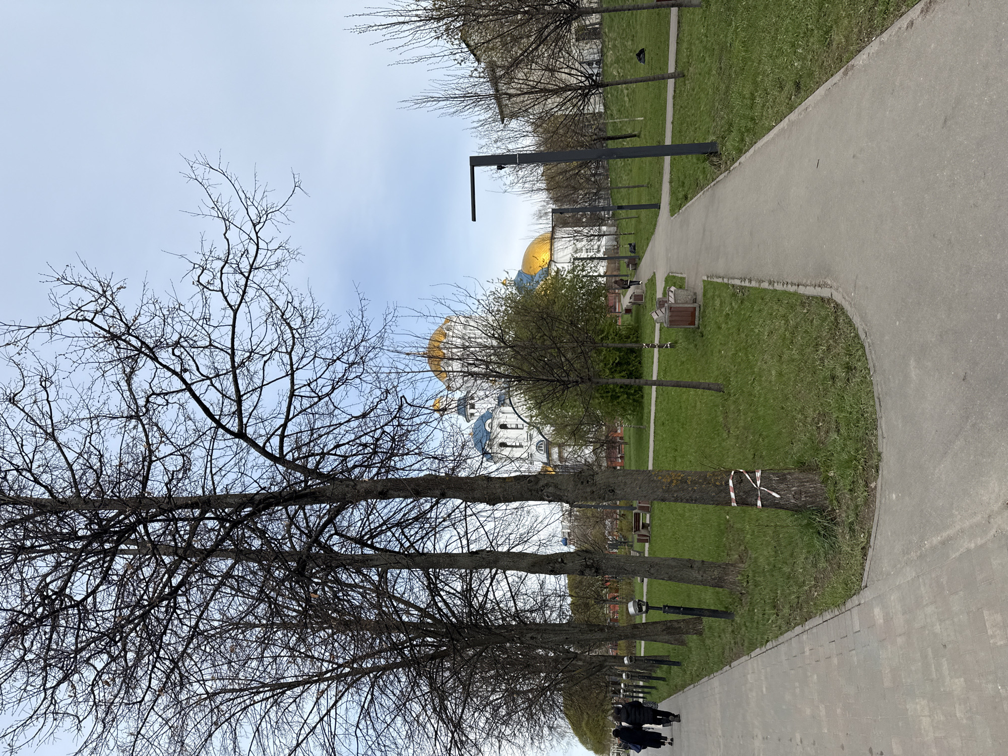The image captures an outdoor scene, likely a park or a wide pedestrian area, in Moscow, Russia, characterized by its paved path, grassy sections, and prominent Orthodox church architecture in the background.
A wide, light grey paved path, possibly asphalt or concrete, runs along the right side of the frame, curving slightly into the distance. To its left, a strip of vibrant green grass separates the path from a line of deciduous trees. Most of these trees are bare, with intricate networks of branches reaching towards the sky, indicating late winter or early spring. One tree trunk in the mid-ground on the left side is notably wrapped with red and white striped tape.
In the background, a white building with blue accents and multiple golden, onion-shaped domes is visible, characteristic of an Orthodox church. Modern-looking dark lampposts with horizontal arms are regularly spaced along the edge of the grassy area, flanking the path. Several park benches are also scattered within the grassy expanse.
A few blurry figures, dressed in dark clothing, can be seen walking on the path in the lower right portion of the image, moving away from the viewer. The sky is overcast and a light grey-blue, suggesting a cloudy day. The overall impression is one of calm, everyday activity in a public space. No discernible text is visible in the image.