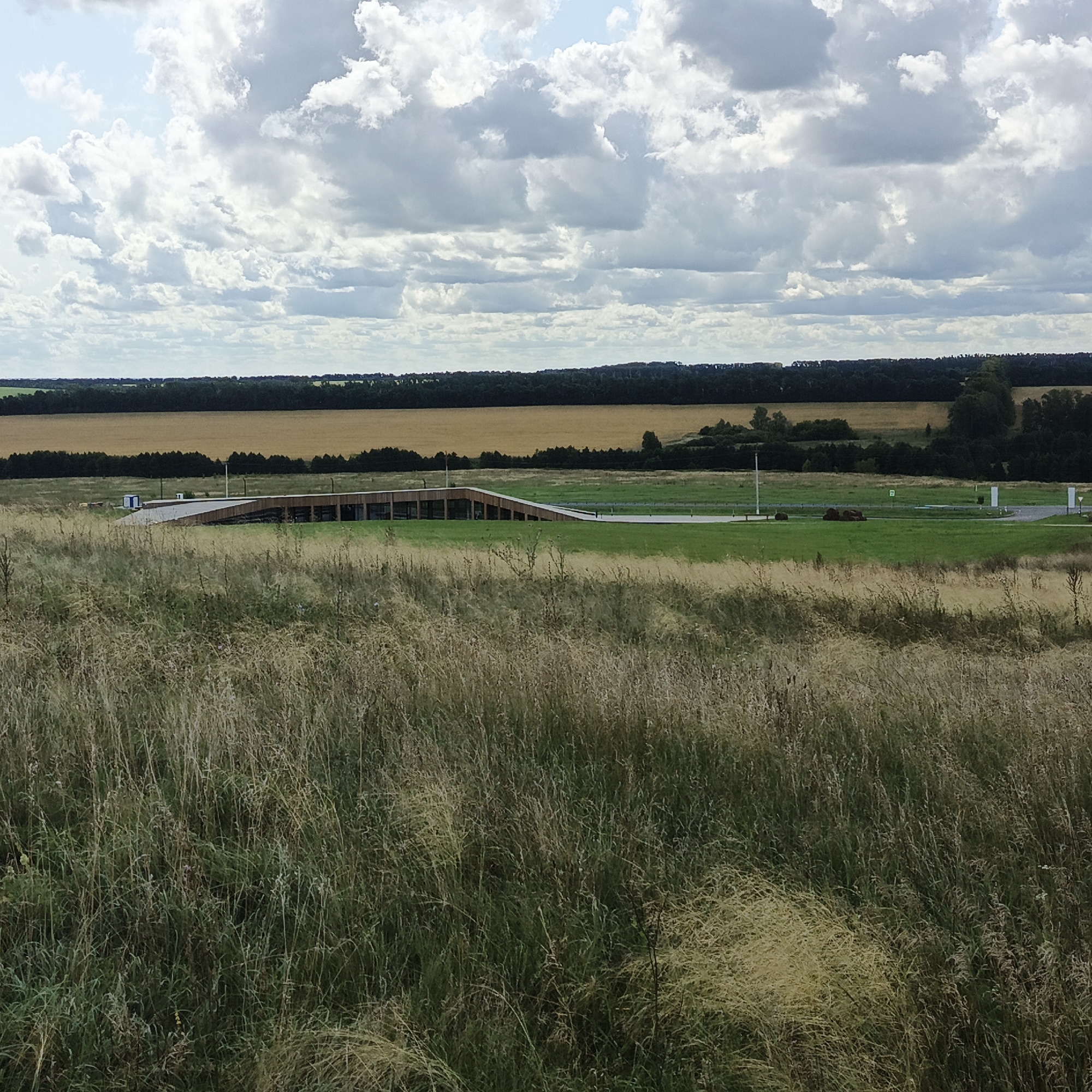 A wide shot captures a landscape under a cloudy sky. In the foreground, tall, dry grass and green vegetation dominate. A modern, low-profile building with a sloped, brown roof and wooden supports is visible in the mid-ground, situated on a vibrant green lawn. Beyond the building, a yellow field stretches towards a dark line of trees, which forms the horizon. The sky above is filled with a mix of white and grey clouds. The scene is located in the city of Verkhnie Termy, Russia.