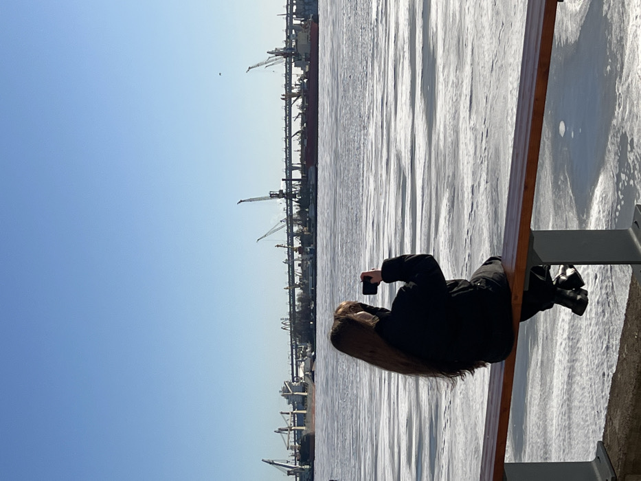 The image captures a clear, sunny winter day on the Neva River or Neva Bay in Saint Petersburg, Russia, specifically in the vicinity of the Bolshoi Port Sankt-Peterburg.
In the immediate foreground, a person, viewed from behind, is seated on a wooden bench-railing with grey metal supports. The individual has long, dark brown hair and wears a black winter jacket and black boots. They are holding a black smartphone horizontally, pointed towards the distant scene, suggesting photography or video recording.
The midground is dominated by a wide expanse of water, largely frozen with extensive, textured sheets of ice, interspersed with areas of dark, open water. Across this icy expanse, the background reveals an active industrial port. Visible elements include multiple large cargo ships, one with a dark hull and another with a reddish hull, docked or maneuvering. Numerous tall gantry and mobile harbor cranes are prominent features of the port infrastructure. Behind these port facilities, a long, multi-span bridge, consistent with a railway bridge or a section of the Western High-Speed Diameter, traverses the horizon. The sky is clear and light blue, with a small dark speck, possibly a distant bird or object, in the upper right quadrant.