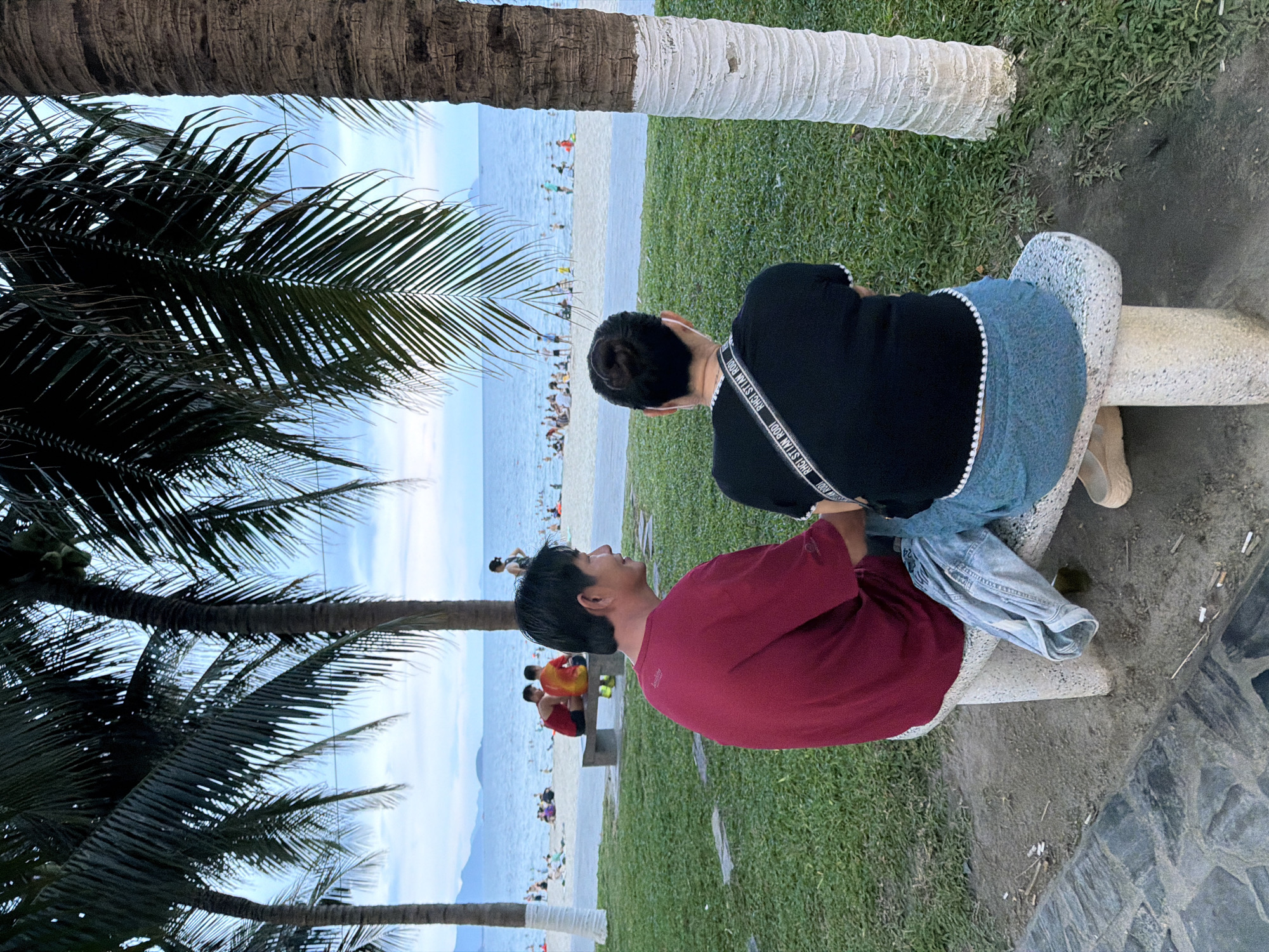 A man in a red shirt and a woman in a black shirt are sitting on a stone bench facing away from the camera, looking towards a beach and the ocean. They are positioned in the foreground, with palm trees framing the scene on either side. The beach is populated with many people, some swimming in the water and others walking along the shore. The ocean is calm, and the sky is overcast with a soft light. The area where the couple is sitting is a grassy area with a paved pathway in the foreground. The overall setting suggests a relaxed atmosphere at a seaside location.