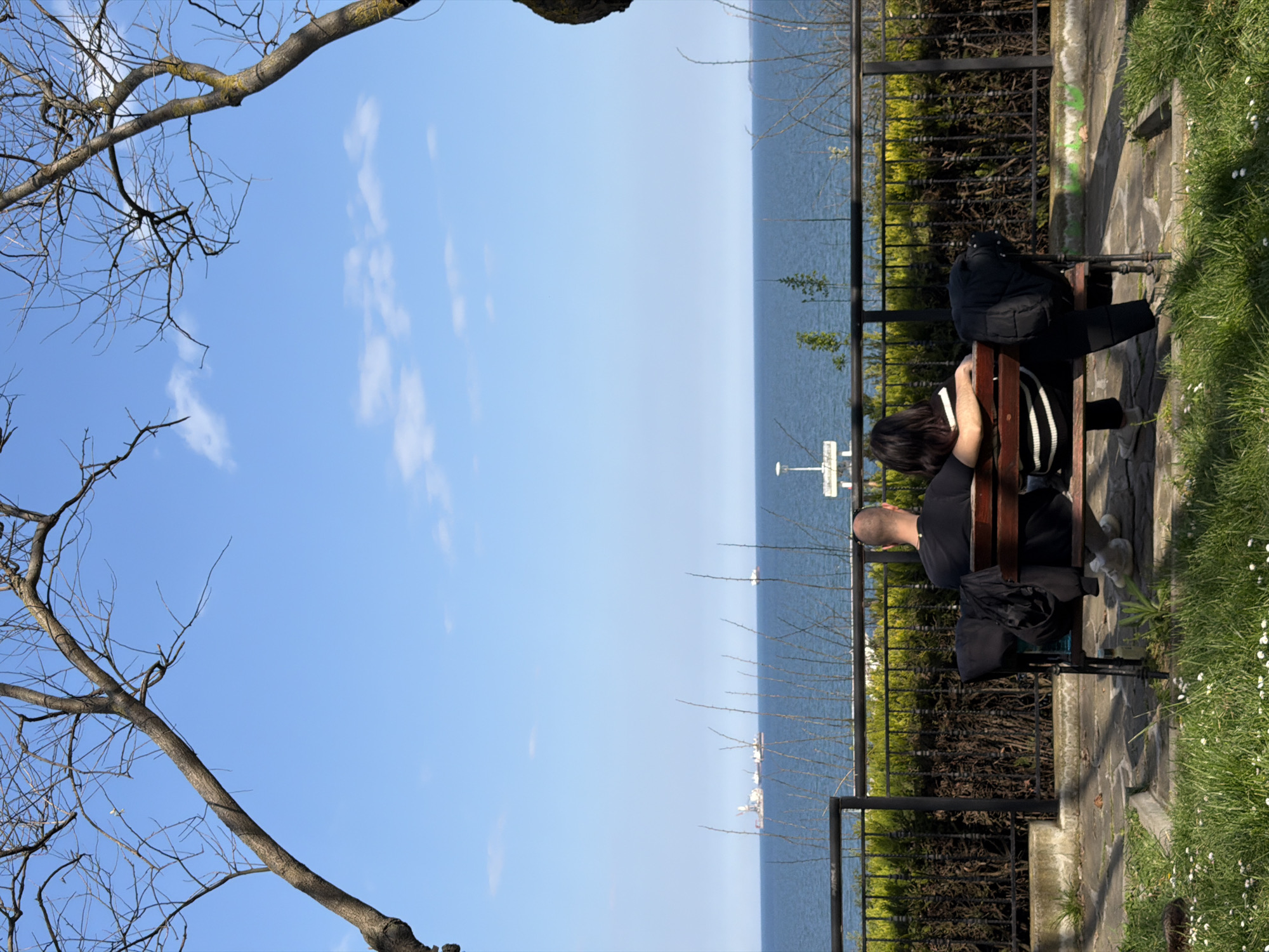 The image depicts an outdoor scene overlooking a vast body of water, likely the sea or a large lake, under a clear blue sky with scattered white clouds. The perspective is from slightly above and behind two individuals seated on a wooden park bench.
On the bench, two people are present. One individual, with dark hair, is leaning forward, resting their head on their arms on the backrest of the bench. They are wearing a black and white striped long-sleeved top and dark trousers. A black bag or jacket is placed on the bench beside them. The second individual, with a shaved or bald head, is seated to their right, facing away from the viewer and looking towards the water. They are dressed in a dark t-shirt or sweater and dark trousers. Another black garment is draped over the bench near them.
The scene is bordered by bare tree branches in the upper left and lower left foreground, suggesting late winter or early spring. A black metal fence runs along the edge of a paved area, separating it from the water. Beyond the fence, several small boats or ships are visible on the calm water in the distance. To the right of the bench, a grassy patch with small white flowers, resembling daisies, grows alongside the paved path. Green graffiti marks are visible on a concrete wall or curb next to the path.
The time of day appears to be daytime, with clear, sunny weather indicated by the bright sky and visible shadows. The overall atmosphere is one of calm and relaxation, with the individuals enjoying the view or resting by the water.