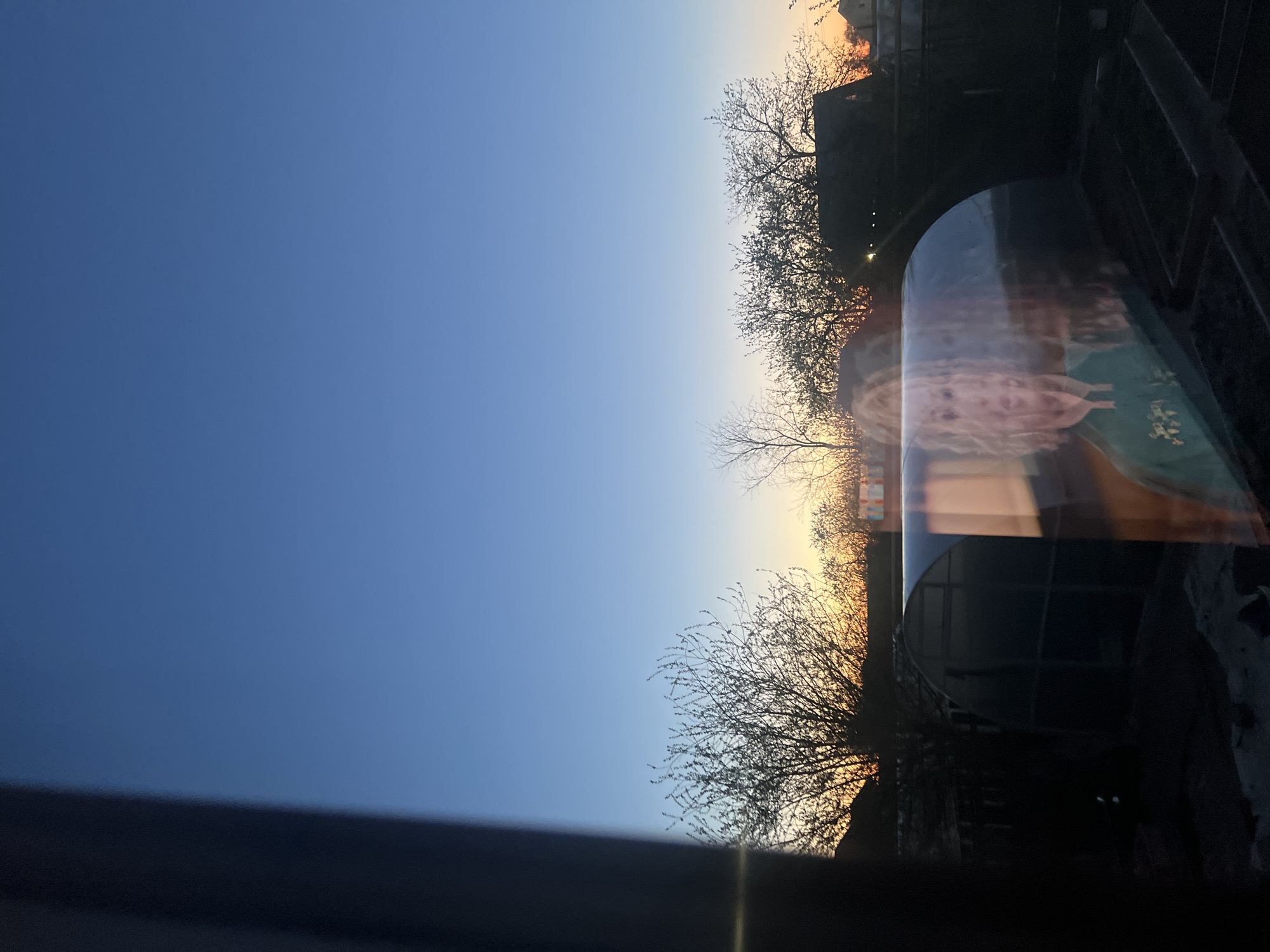 The image shows a view of the sky and trees at dusk or dawn, likely taken from inside a building or through a window. The sky transitions from blue to orange near the horizon. Silhouetted tree branches are visible against the sky. A partial reflection of objects inside the building is present in the window. The location is suggested to be Votkinsk, Russia, though there are no distinguishing features to confirm this.