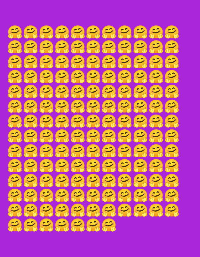 The image contains a dense grid of yellow hug emojis with a smiling face and open hands, set against a vibrant purple background. The emojis are arranged in rows and columns, with slight variations in their positioning and rotation, creating a dynamic and visually engaging pattern. The overall impression is one of playful abundance and cheerfulness. There is no indication of any specific location in Mahilyow, Belarus, or any contextual information related to a city.