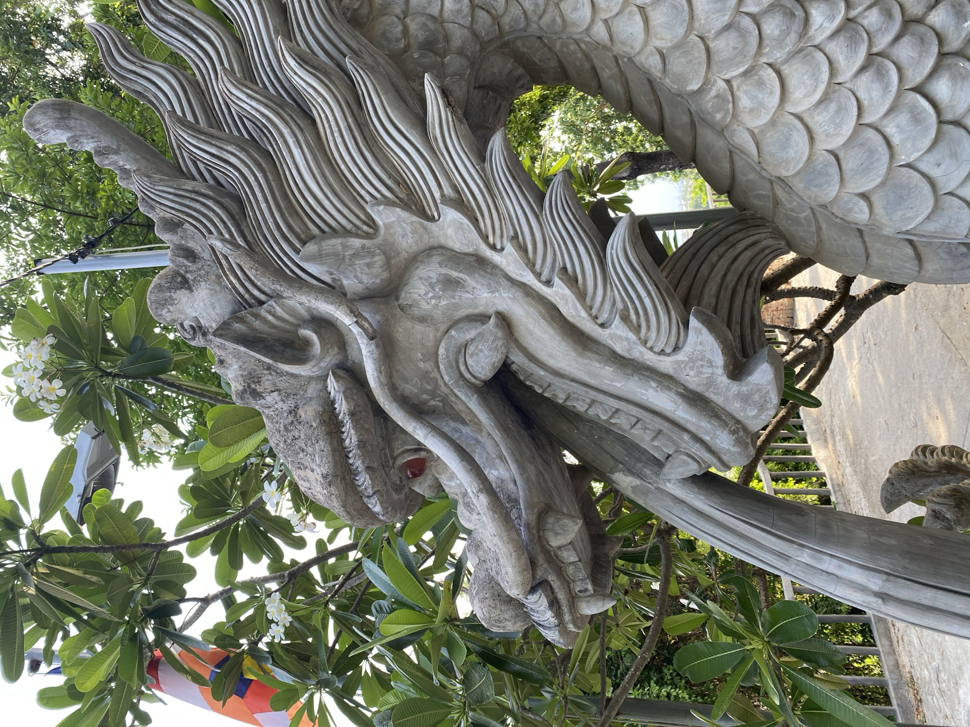 A close-up, eye-level, medium shot captures the head and upper body of a large, weathered stone dragon sculpture. The sculpture is positioned outdoors, with lush green foliage and blooming white flowers from a frangipani tree framing the right side of the image. A flagpole with a red, orange, and blue flag is visible in the upper left quadrant, partially obscured by branches and leaves. The background consists of dappled sunlight filtering through trees and a hint of a wall and railing, suggesting a temple or garden setting. The dragon sculpture, rendered in gray stone, features intricate details such as scales on its body, flowing mane-like protrusions, sharp teeth, and red eyes. The texture of the stone indicates age and exposure to the elements. The lighting is natural, coming from the sun, casting soft shadows and highlighting the textures of the sculpture and foliage. The image does not contain any people or visible actions. The location is identified as Tay Nha Trang Ward, Vietnam, based on the provided context.