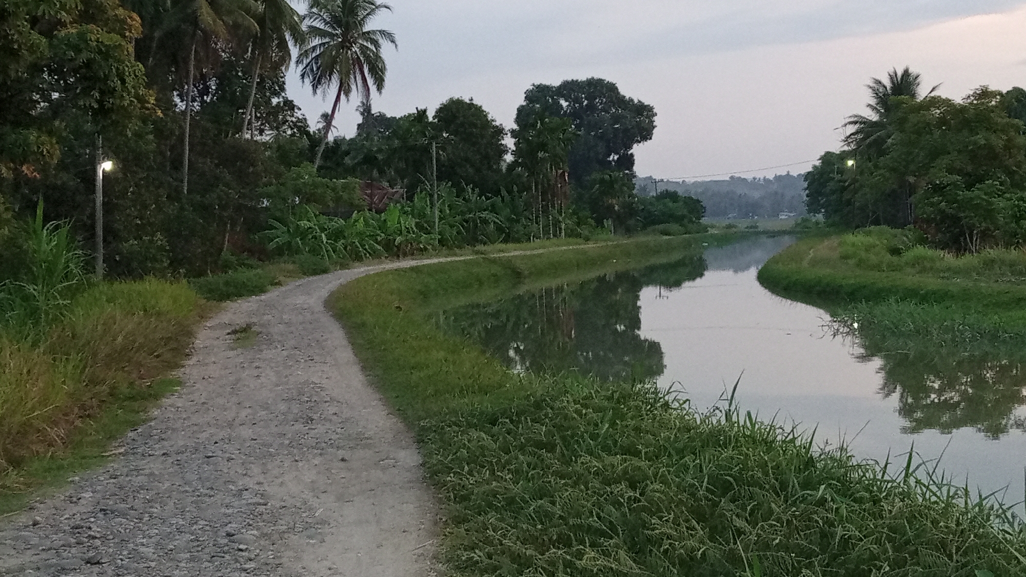 The image depicts a tranquil, natural scene likely located near Uteunreutoh, Indonesia, during the early morning or late evening as indicated by the soft, diffused light and overcast sky. A gravel path curves gently along the left side of the frame, bordered by tall green grasses and vegetation, including what appear to be banana plants and palm trees. To the right of the path is a calm body of water, possibly a canal or river, reflecting the surrounding trees and the muted sky. The water's surface is smooth, disturbed only by subtle ripples. The far bank of the waterway is densely covered with lush greenery, with a variety of trees, some with broad leaves and others with characteristic palm fronds. In the distance, the landscape appears to gently slope upwards, with a hazy line of trees or hills on the horizon. A single lamppost is visible on the left side of the path, suggesting this is a maintained pathway, possibly for recreational use or access. No people are present in the image, and the overall atmosphere is one of quiet solitude and natural beauty.